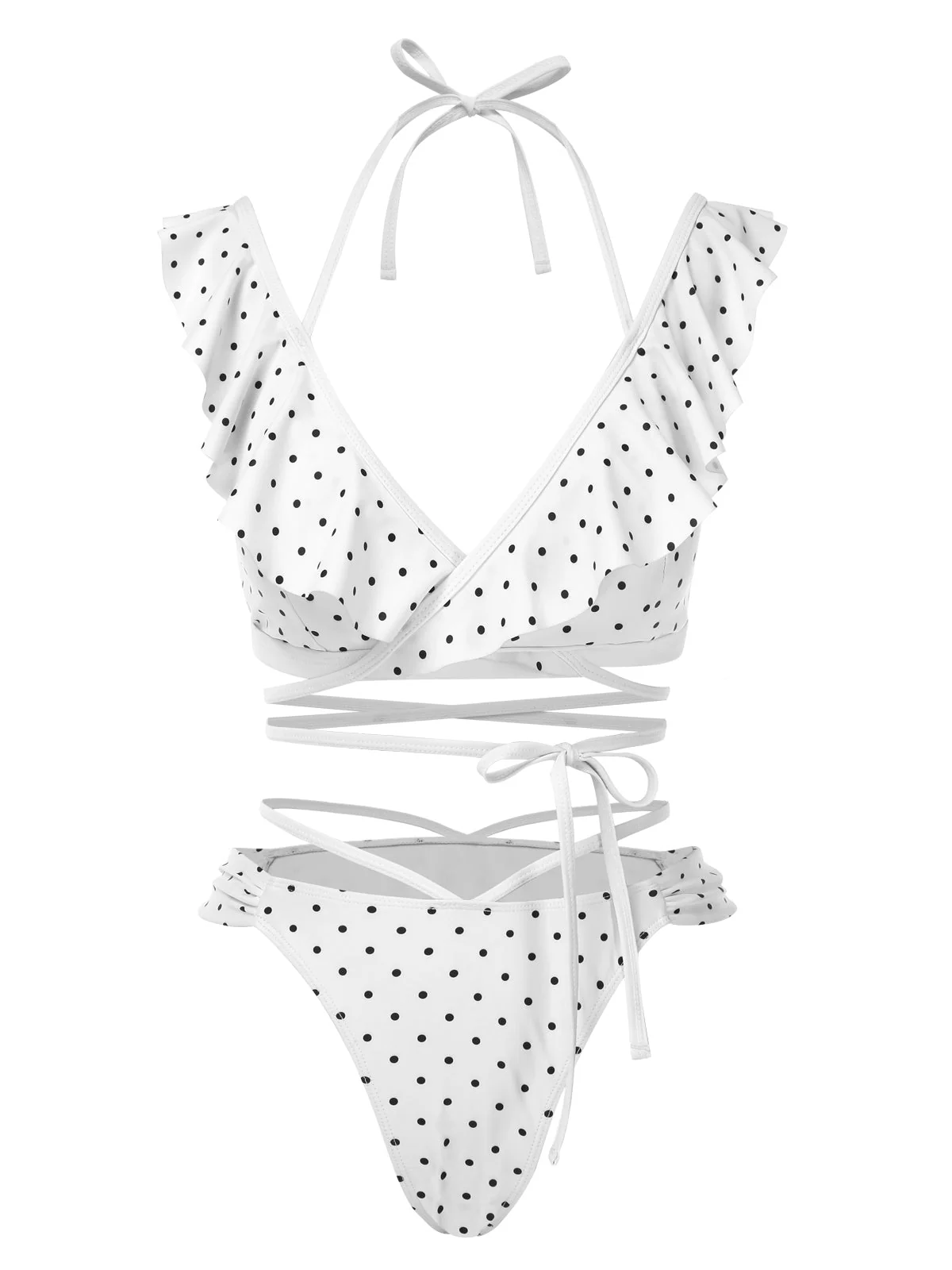 1970er Polka Dot Schnürung Rüschen Bikini Set - Image 3