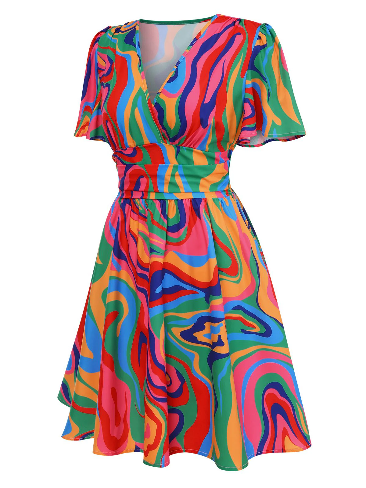 1970er Psychedelischer Druck V-Ausschnitt Kleid - Image 2