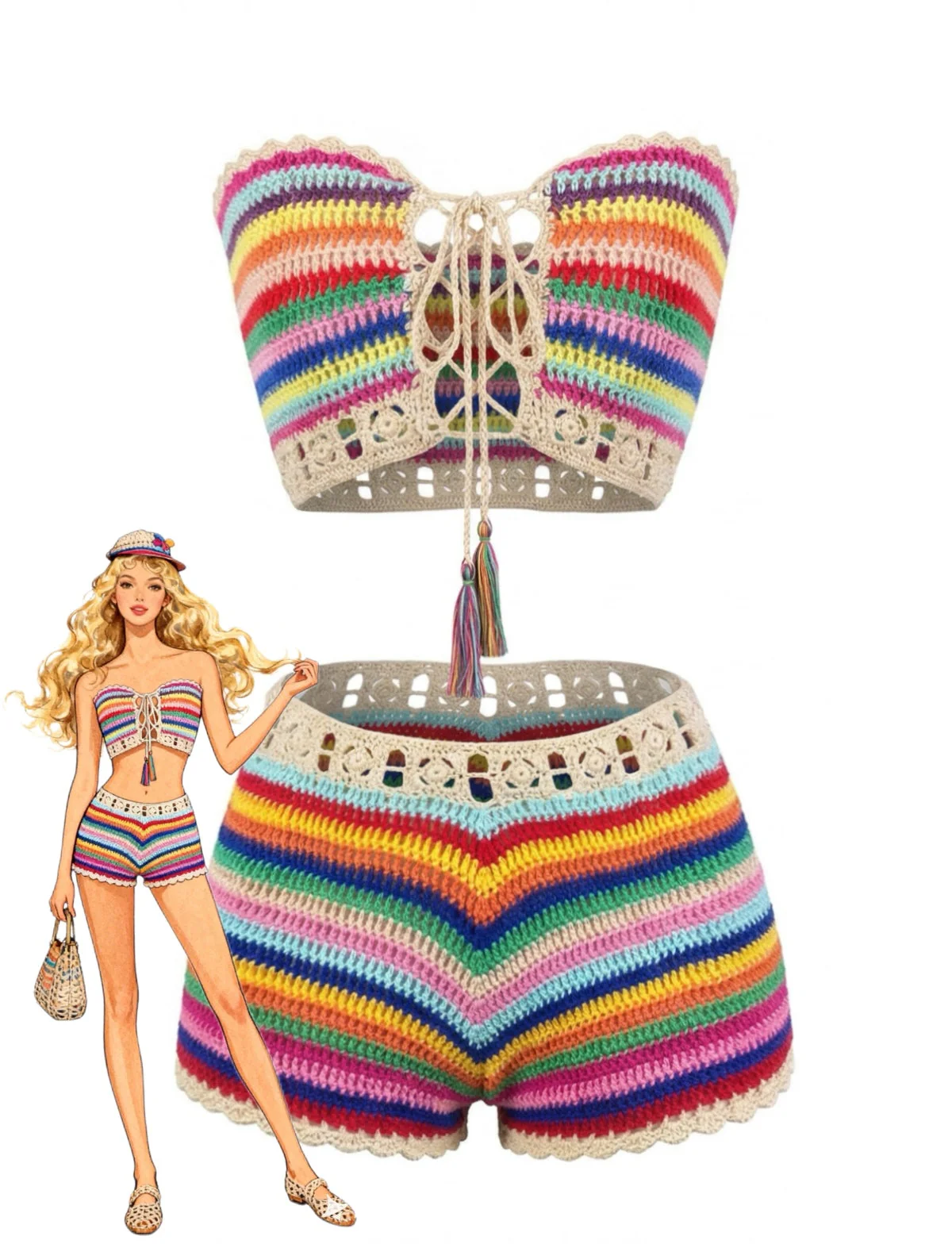 1970er Regenbogen Streifen Häkel Bandeau Bikini Set