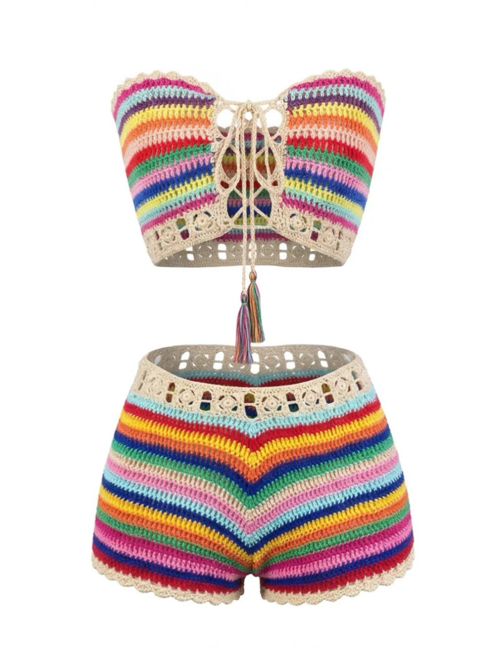 1970er Regenbogen Streifen Häkel Bandeau Bikini Set - Image 2