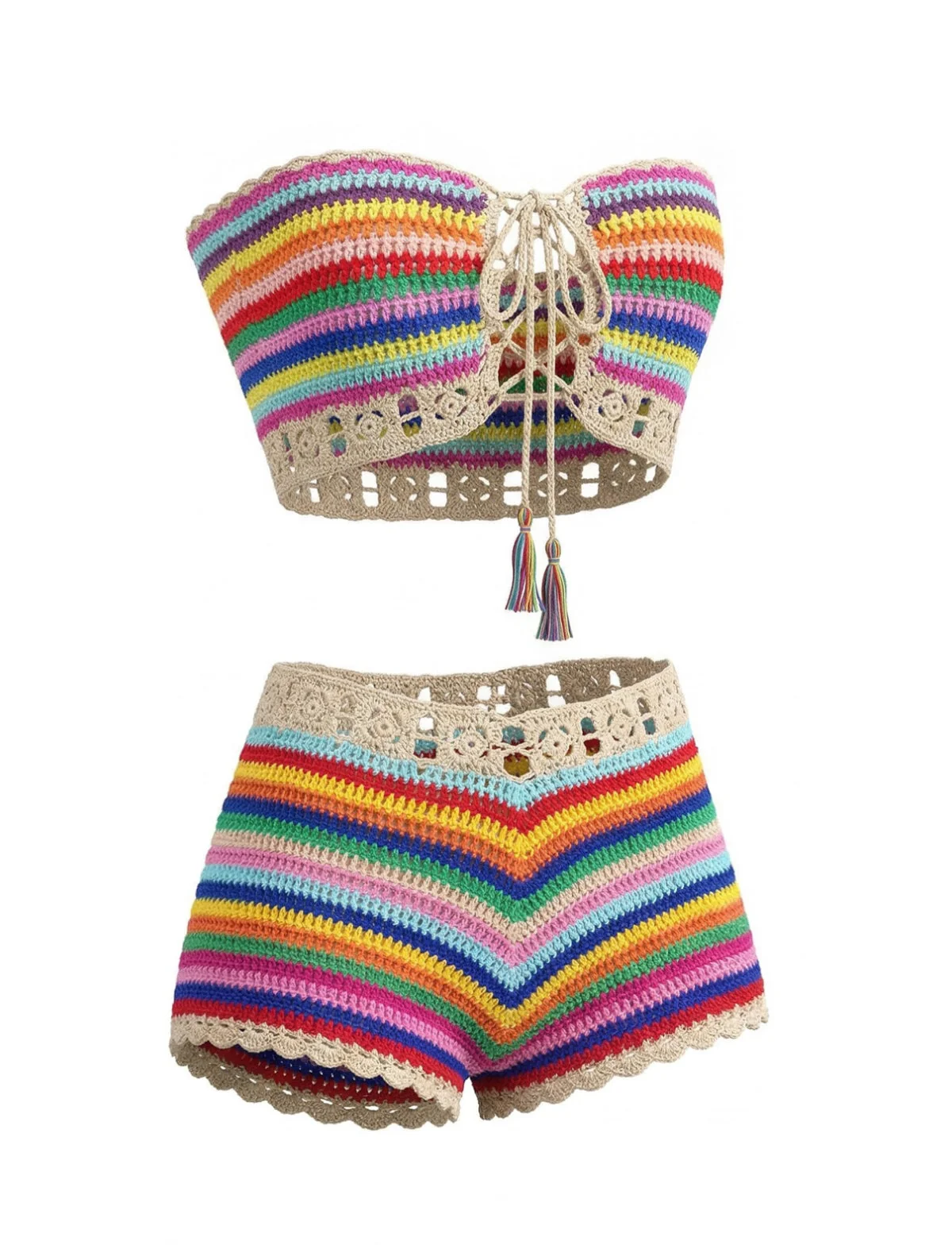 1970er Regenbogen Streifen Häkel Bandeau Bikini Set - Image 3