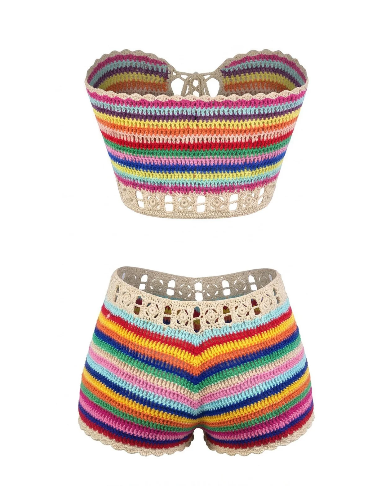 1970er Regenbogen Streifen Häkel Bandeau Bikini Set - Image 4