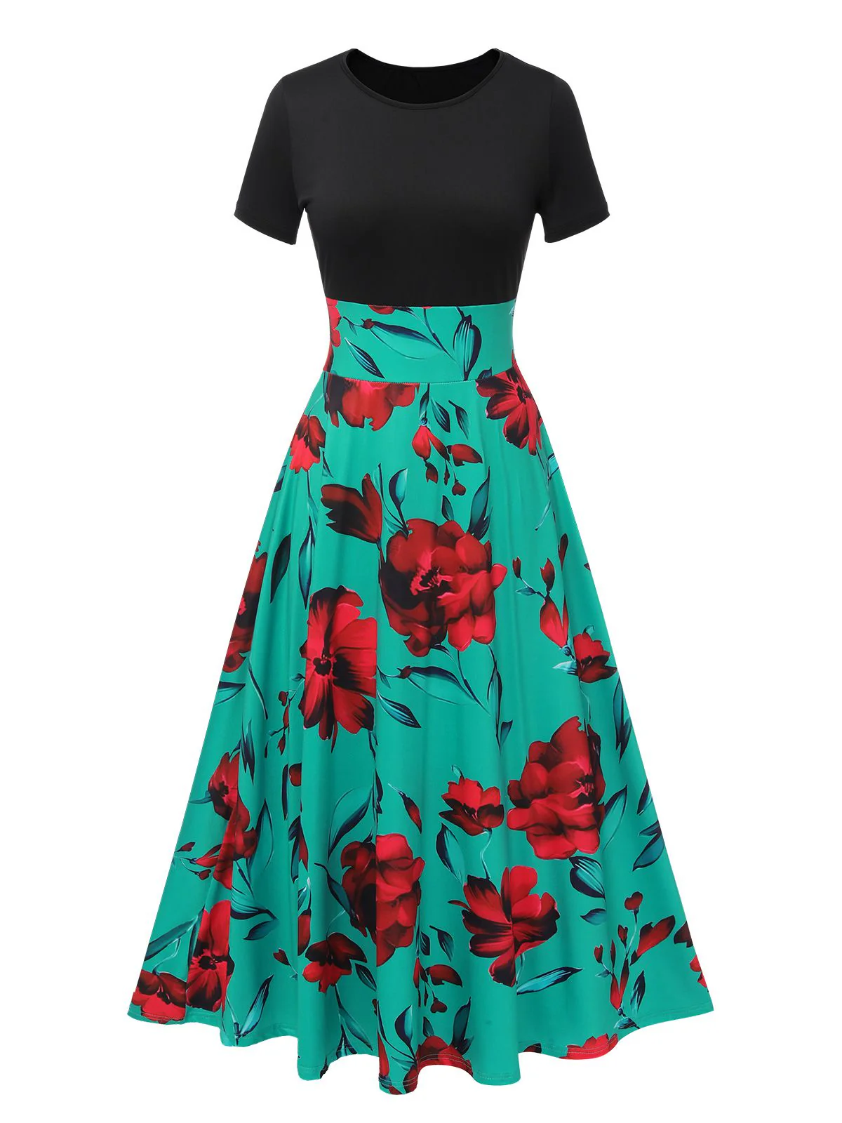 1970er Rundhals Blumen Patchwork Kleid - Image 6