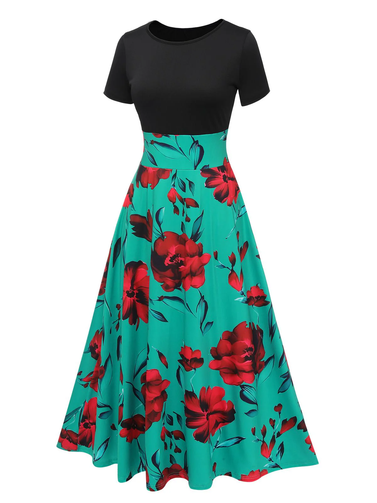 1970er Rundhals Blumen Patchwork Kleid - Image 7
