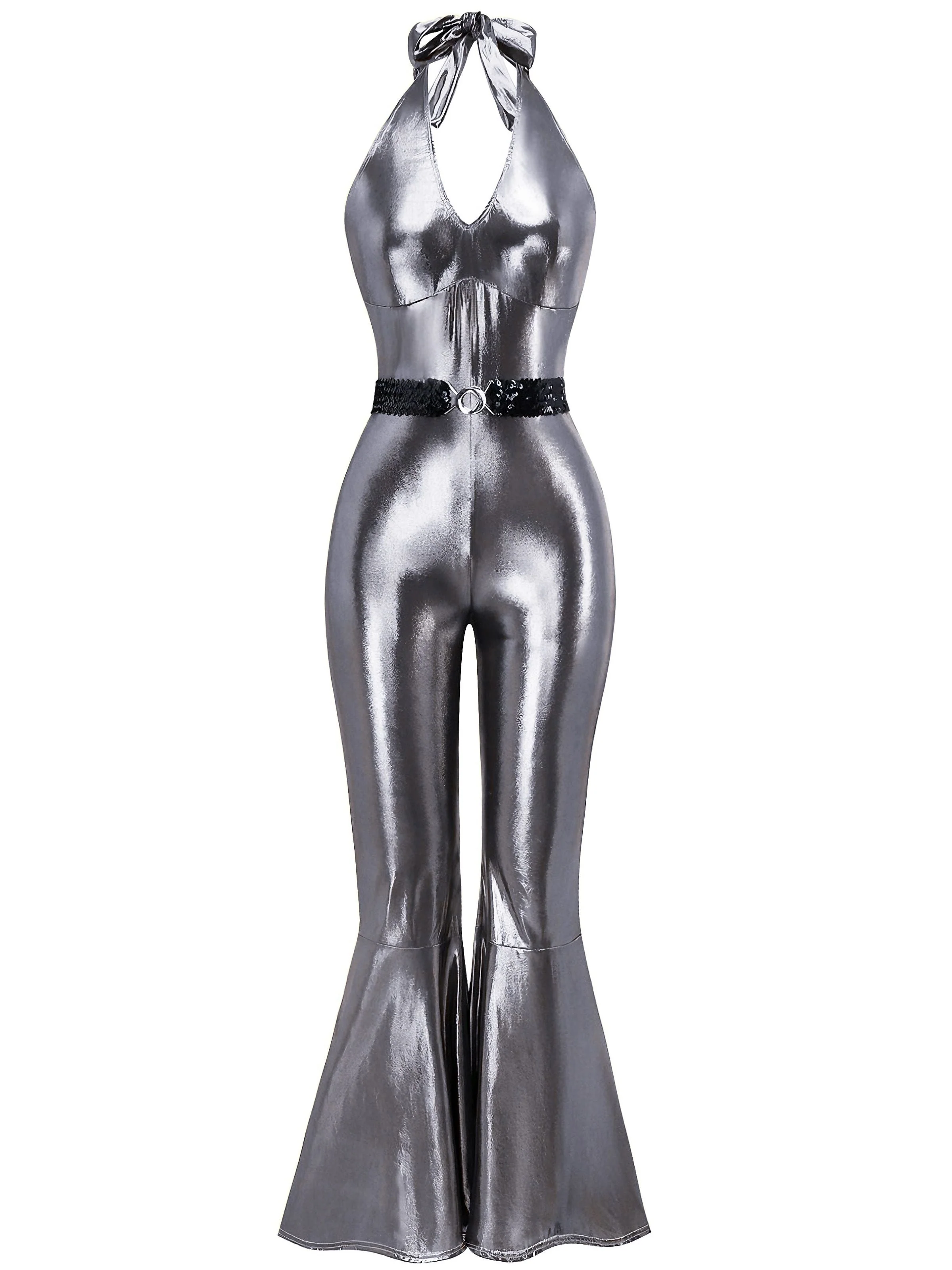 1970er Solide Metallisch Disko Halter Gürtel Jumpsuit - Image 2