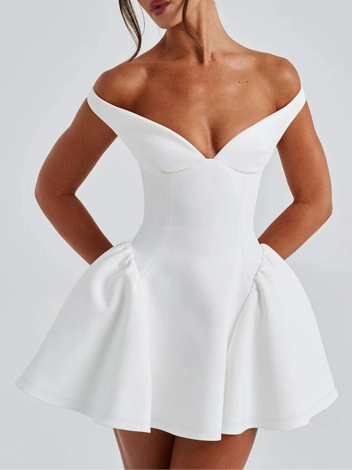 1970er Solide Schulterfrei Tief V-Ausschnitt Skater Kleid - Image 11