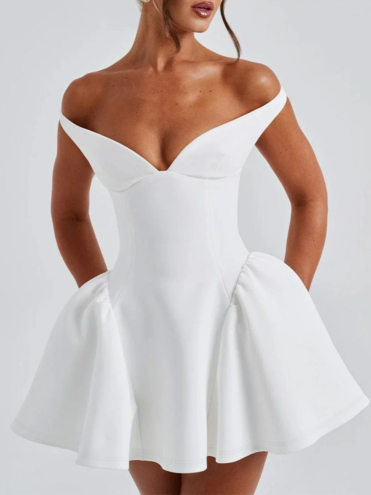 1970er Solide Schulterfrei Tief V-Ausschnitt Skater Kleid - Image 12