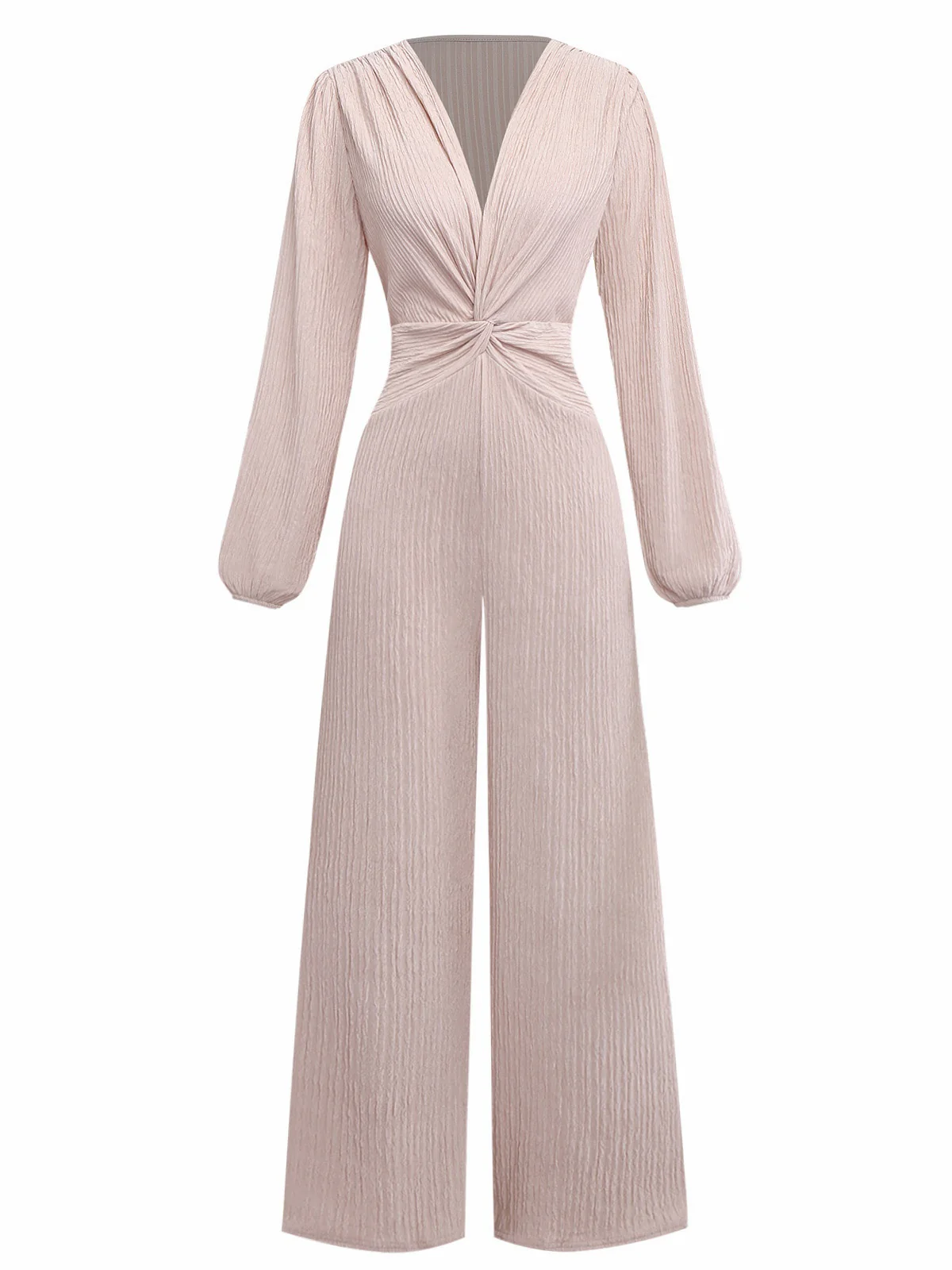 1970er Solide V-Ausschnitt Twist Langarm Jumpsuit - Image 2