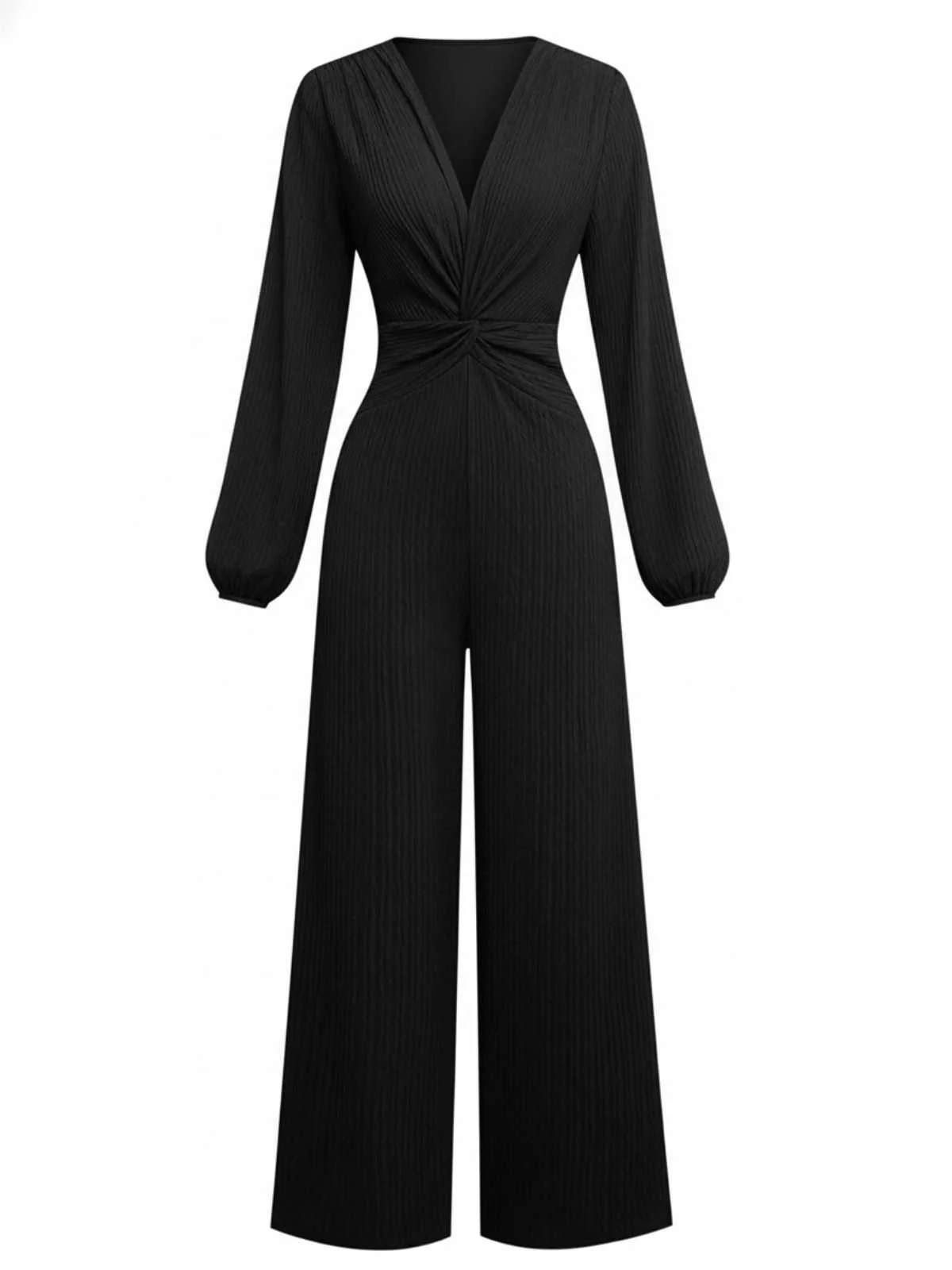 1970er Solide V-Ausschnitt Twist Langarm Jumpsuit - Image 8