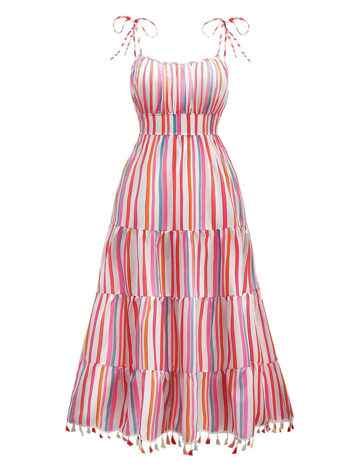 1970er Spaghetti Träger Regenbogen Streifen Stufenkleid