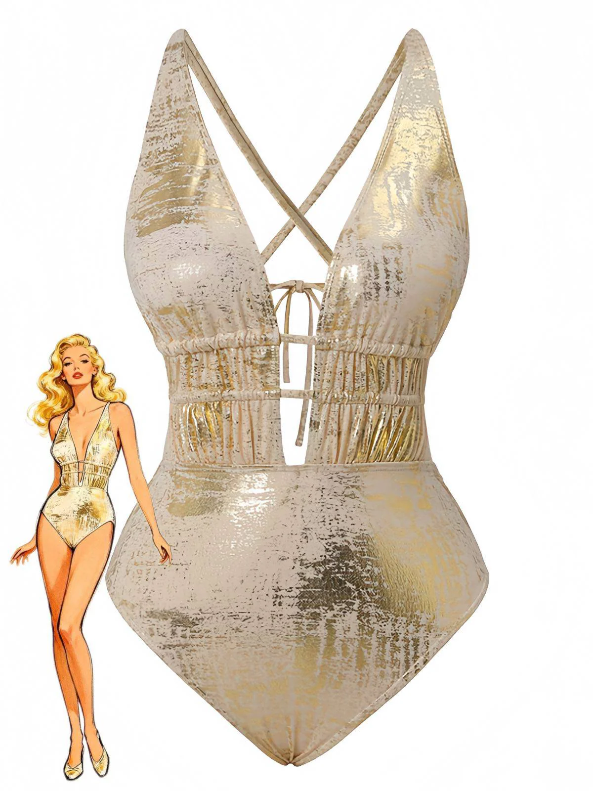 1970er Tiefer V Halter Distressed-Optik Strukturiert Badeanzug