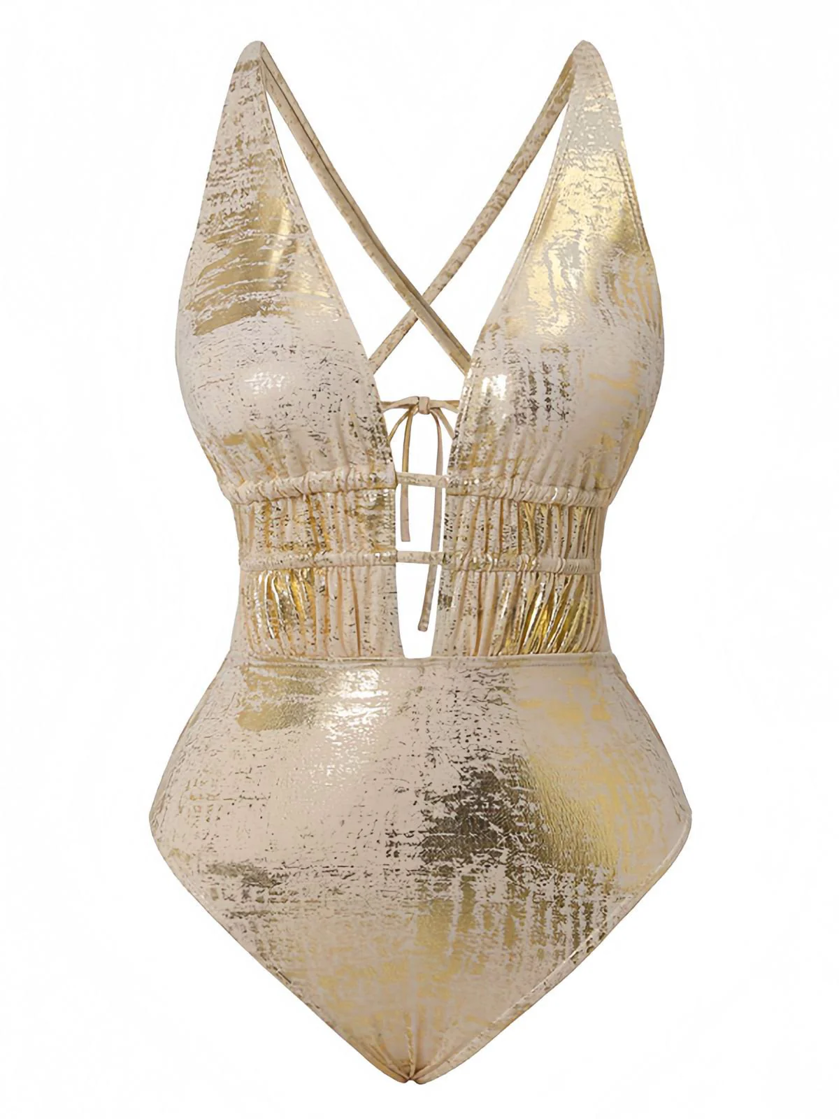 1970er Tiefer V Halter Distressed-Optik Strukturiert Badeanzug - Image 2