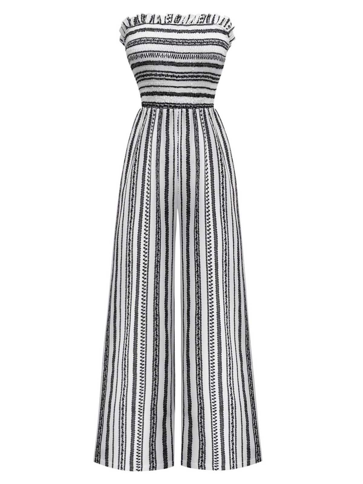 1970er Trägerlos Boho Streifen Weites Bein Jumpsuit