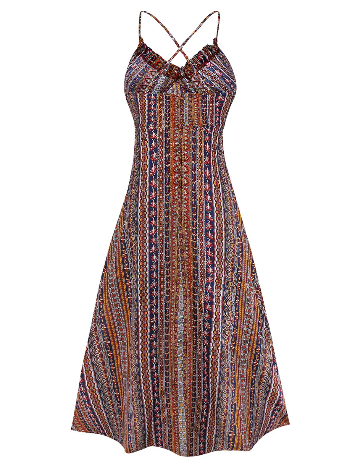 1970er Unregelmäßiger Druck Rückenfrei Boho Kleid - Image 2