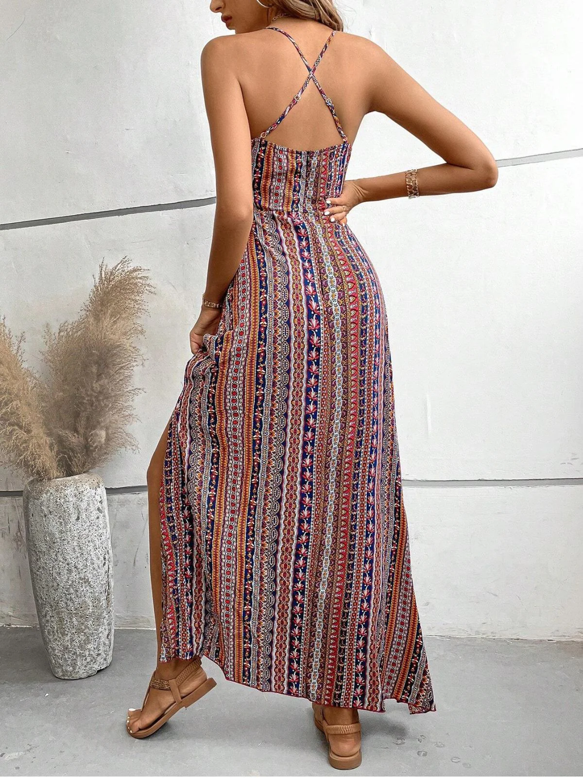 1970er Unregelmäßiger Druck Rückenfrei Boho Kleid - Image 4