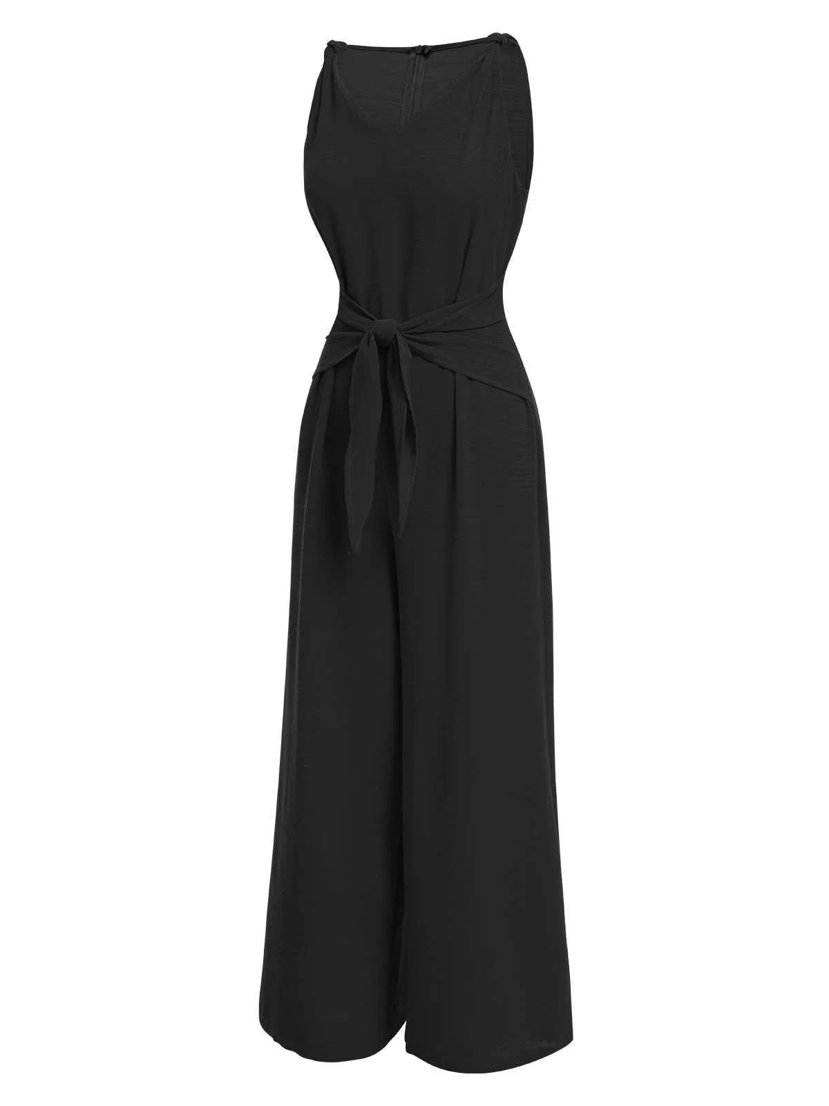 1970er V-Ausschnitt Bindeband-Vorne Solide Jumpsuit - Image 3