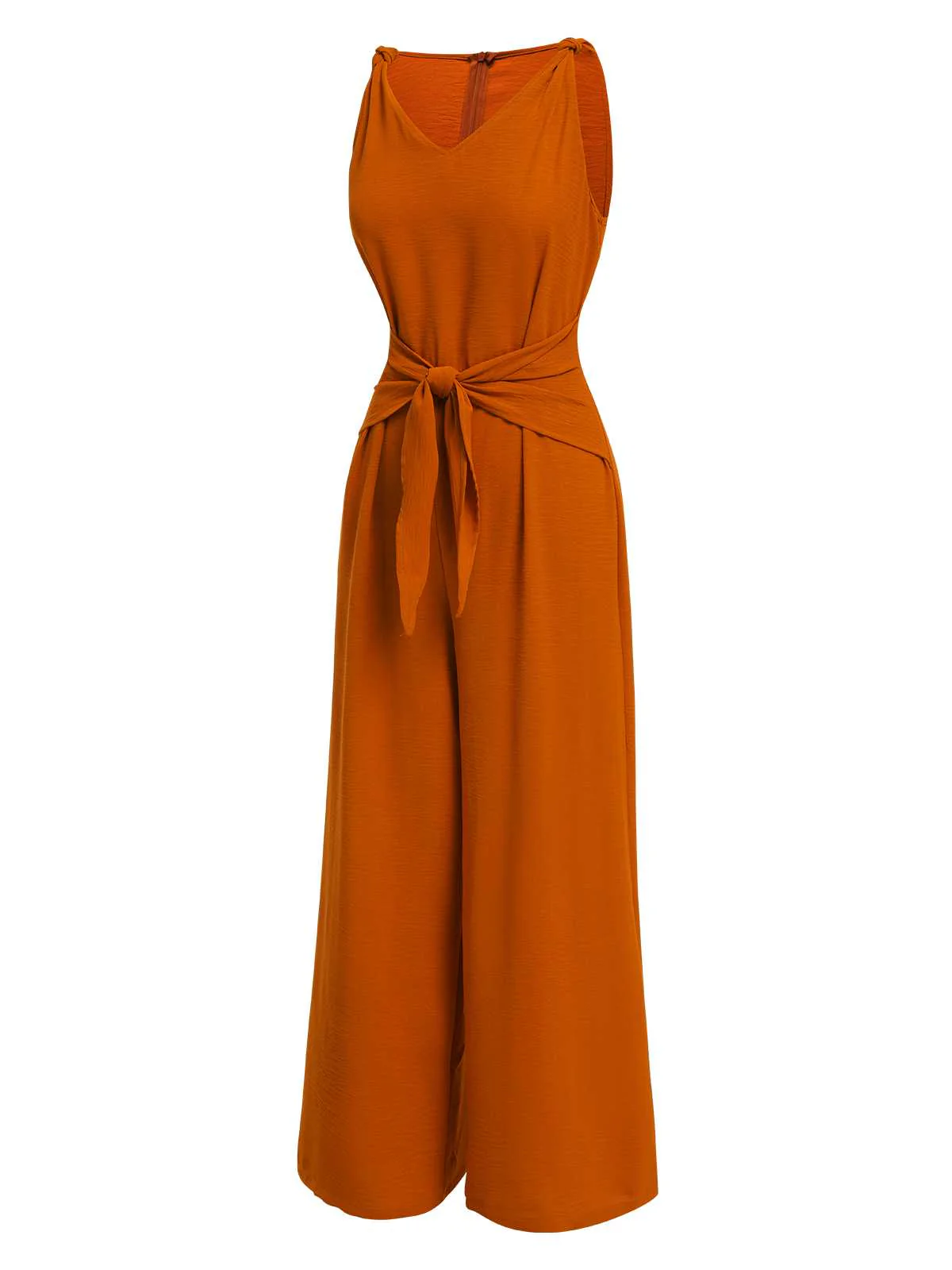 1970er V-Ausschnitt Bindeband-Vorne Solide Jumpsuit - Image 7