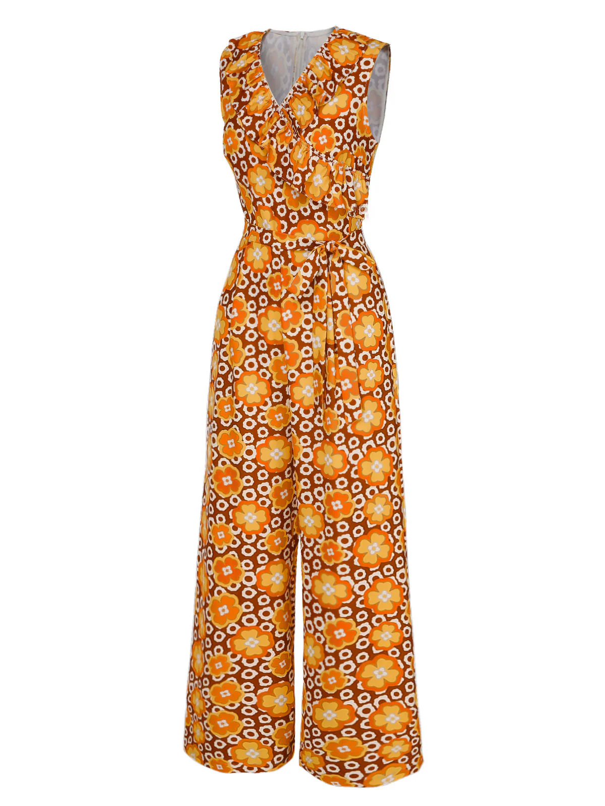 1970er V-Ausschnitt Blumen Ärmellos Jumpsuit - Image 3