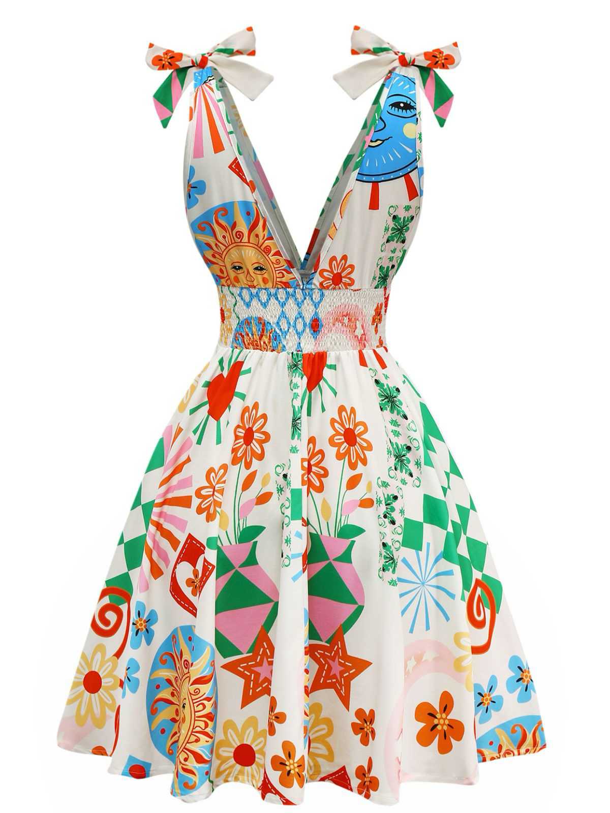 1970er V-Ausschnitt Boho Gesmokt Ärmellos Kleid - Image 2