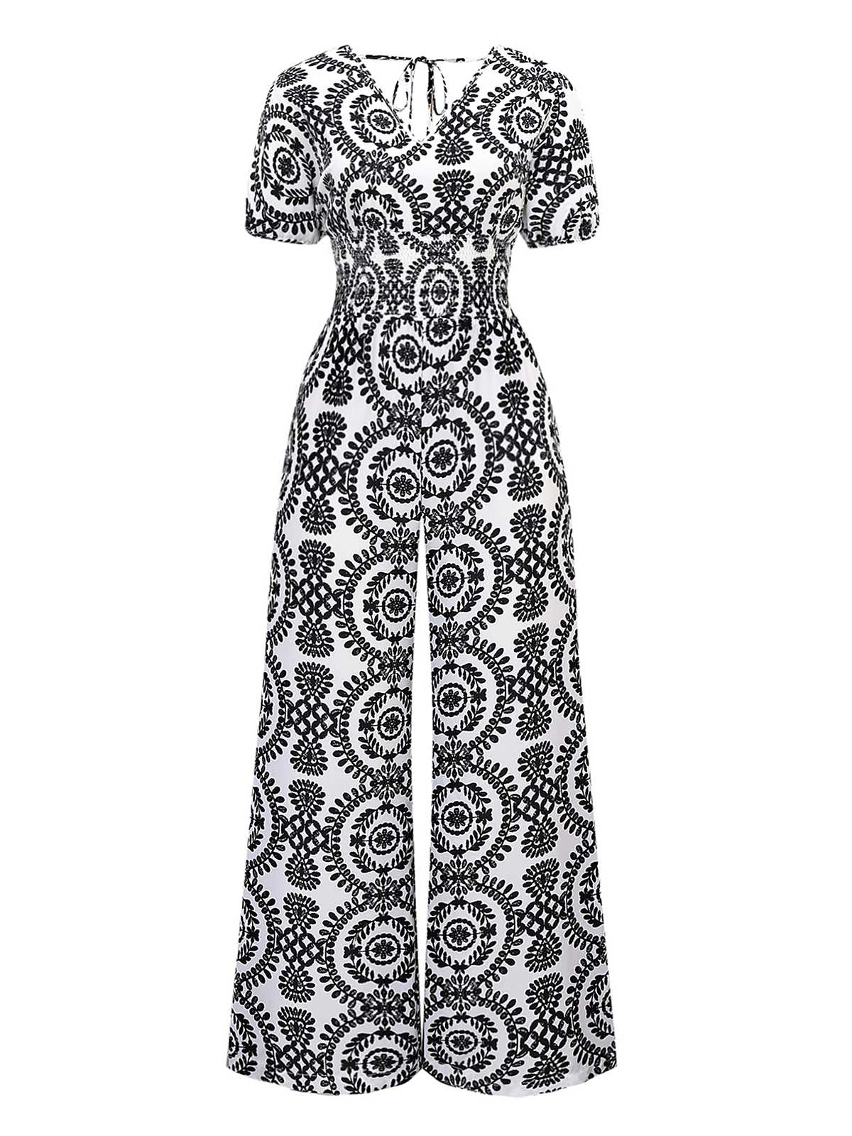 1970er V-Ausschnitt Boho Puffärmel Weites Bein Jumpsuit - Image 2