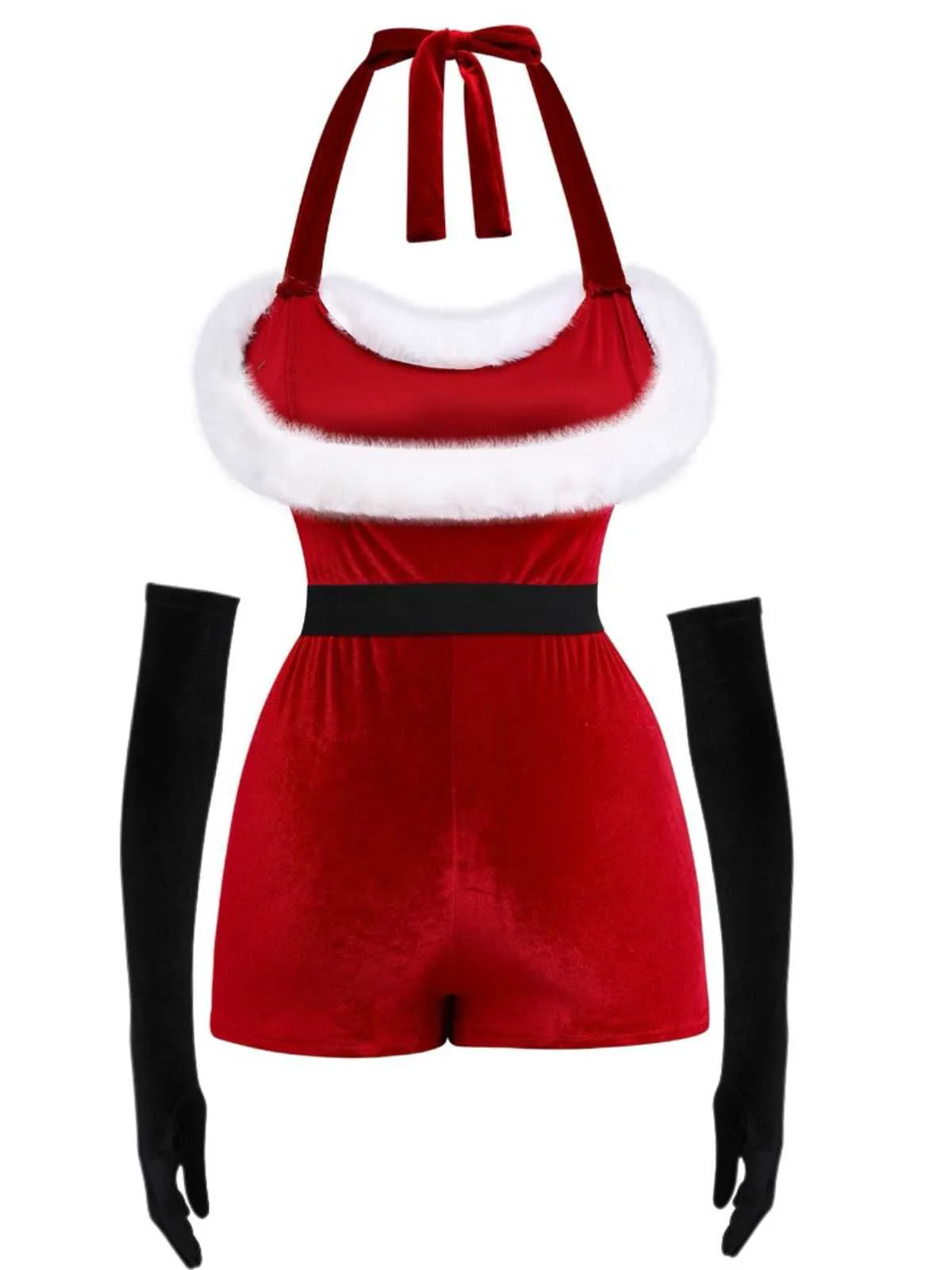 1970er Weihnachten Samt Faux Fur Trim Halter Romper Set - Image 2