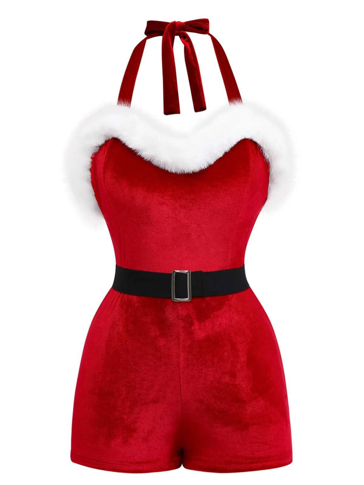 1970er Weihnachten Samt Faux Fur Trim Halter Romper Set - Image 3