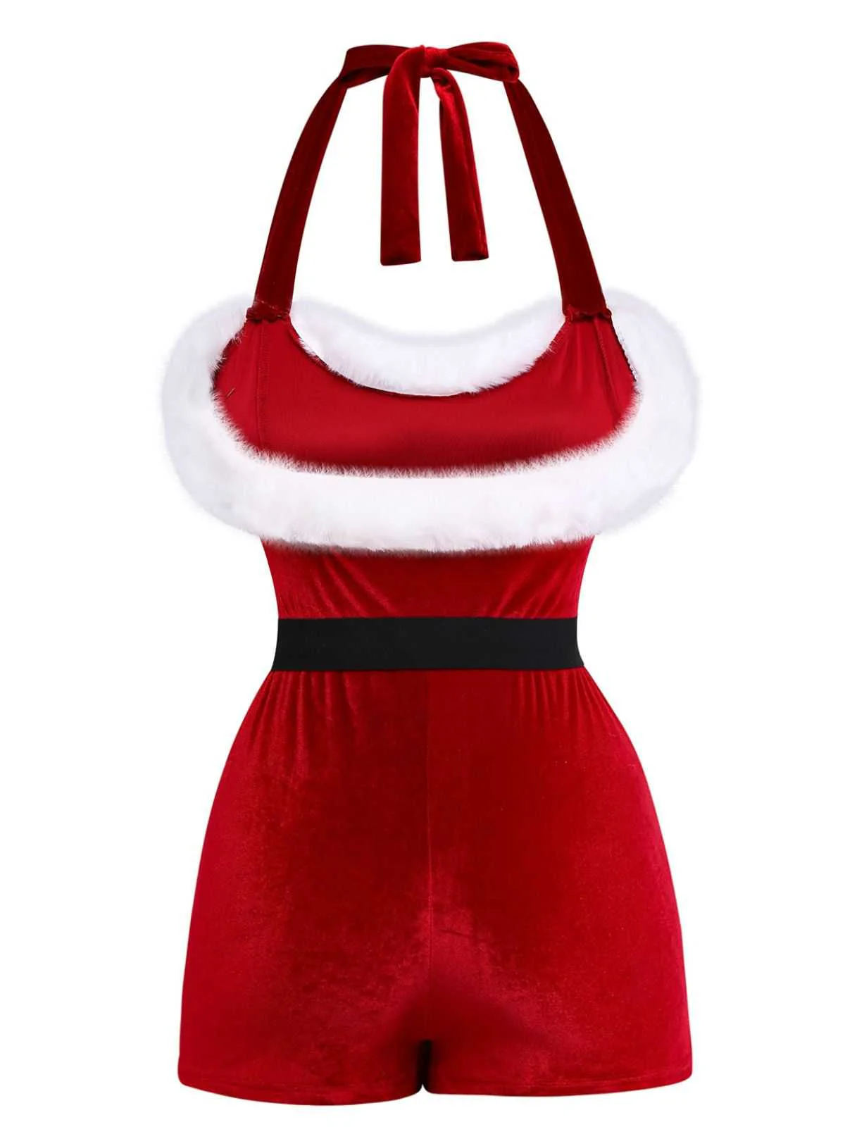 1970er Weihnachten Samt Faux Fur Trim Halter Romper Set - Image 4