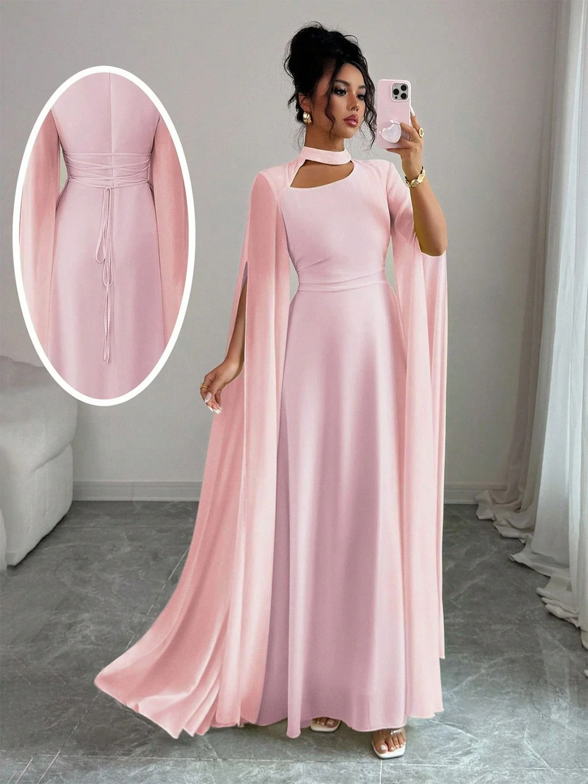 1980er Cape Ärmel Rücken Bindung Maxi Kleid