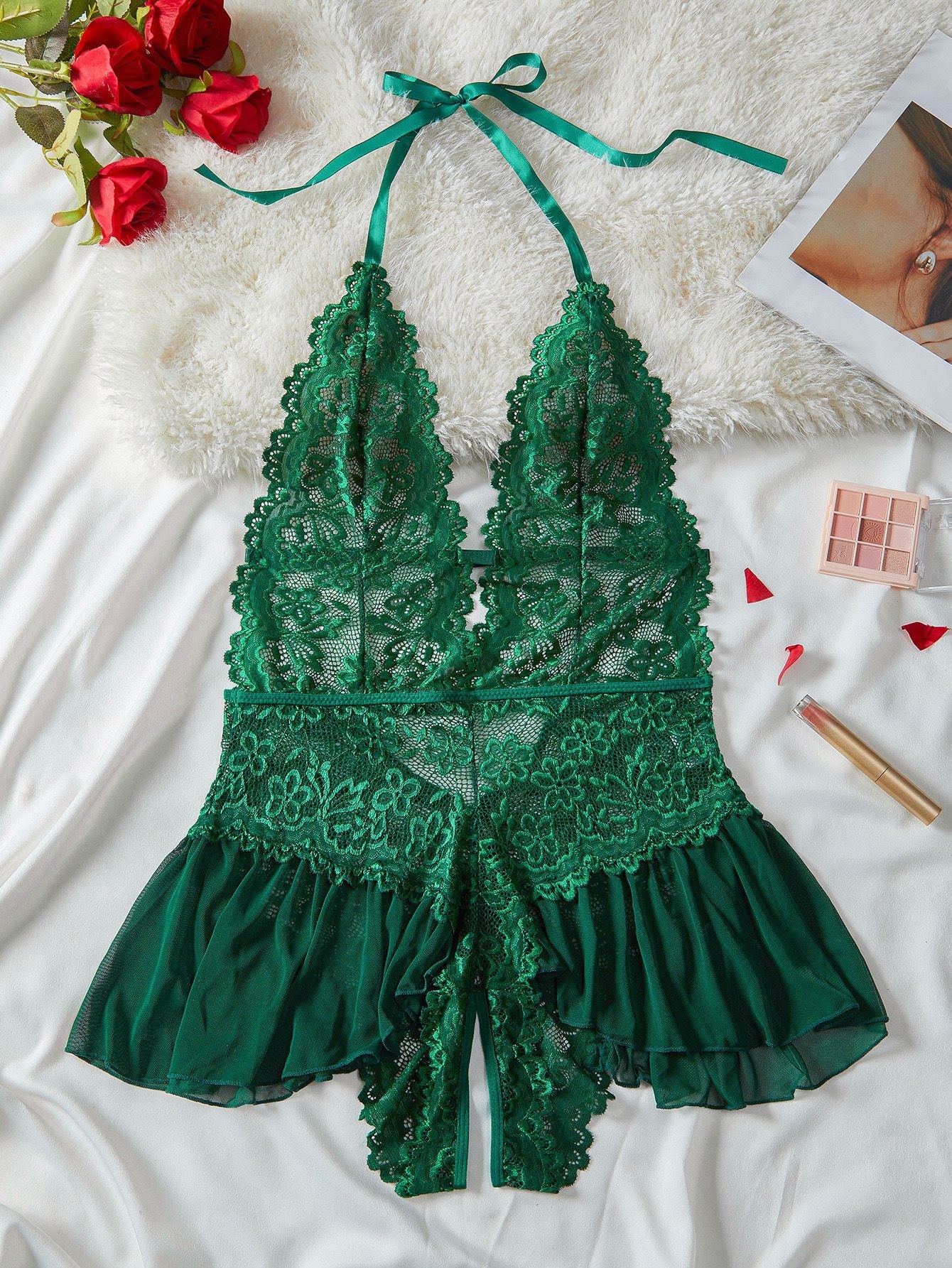 1980er Halter Spitze Dessous mit Leopard Druck Rock - Image 16