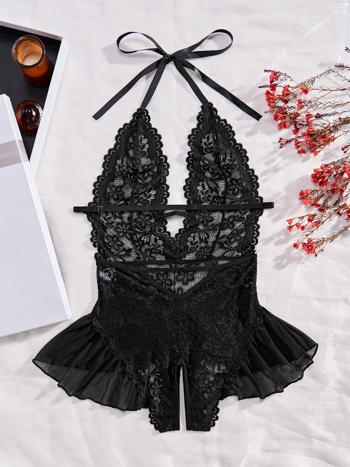 1980er Halter Spitze Dessous mit Leopard Druck Rock - Image 9