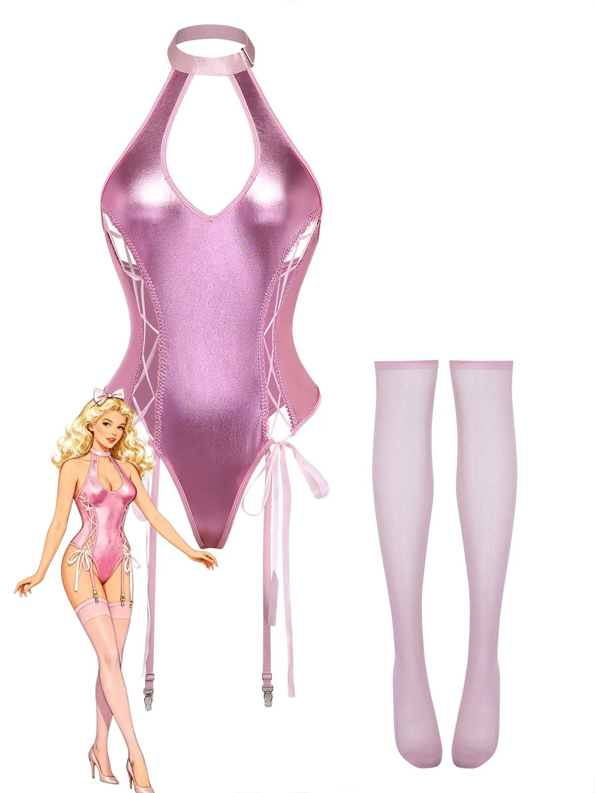 1980er Lack Leder Halter Schnürung Body Dessous Set - Image 3
