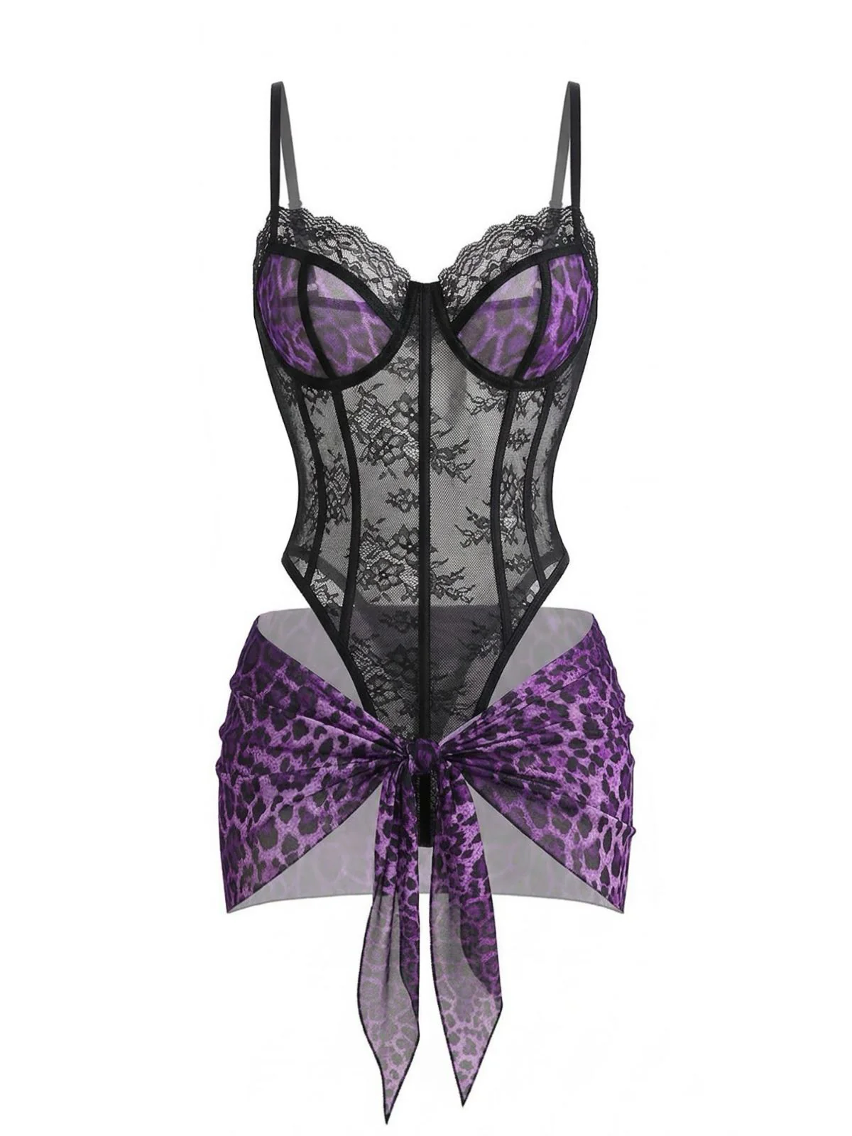1980er Leopard Spitze Bodysuit mit Schürze Dessous Set - Image 3