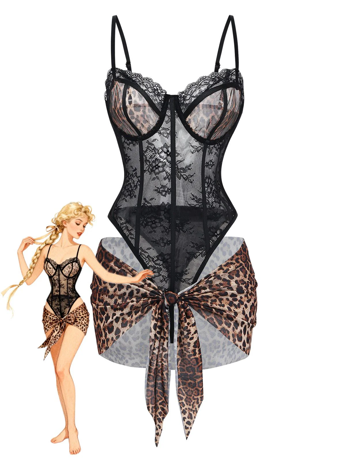 1980er Leopard Spitze Bodysuit mit Schürze Dessous Set - Image 7