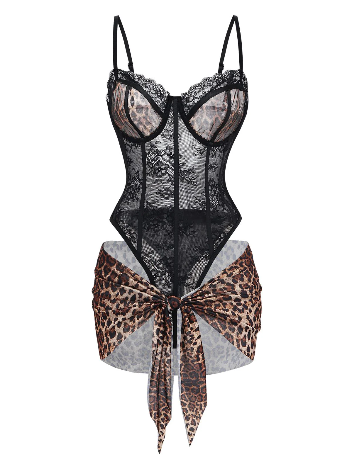 1980er Leopard Spitze Bodysuit mit Schürze Dessous Set - Image 9