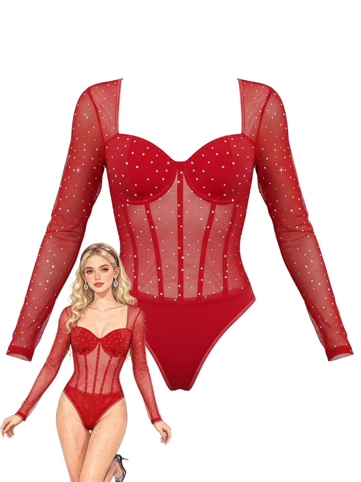 1980er Netz Transparent Glitzer Verstärkt Langarm Bodysuit