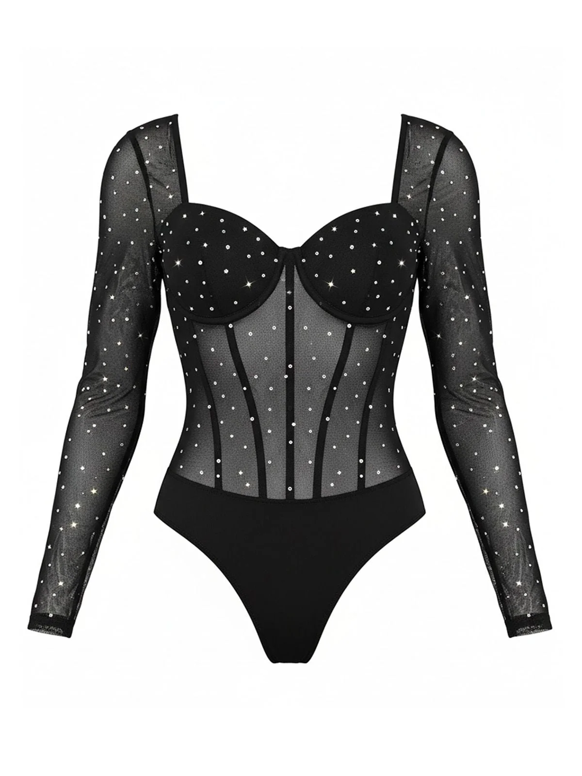 1980er Netz Transparent Glitzer Verstärkt Langarm Bodysuit - Image 10