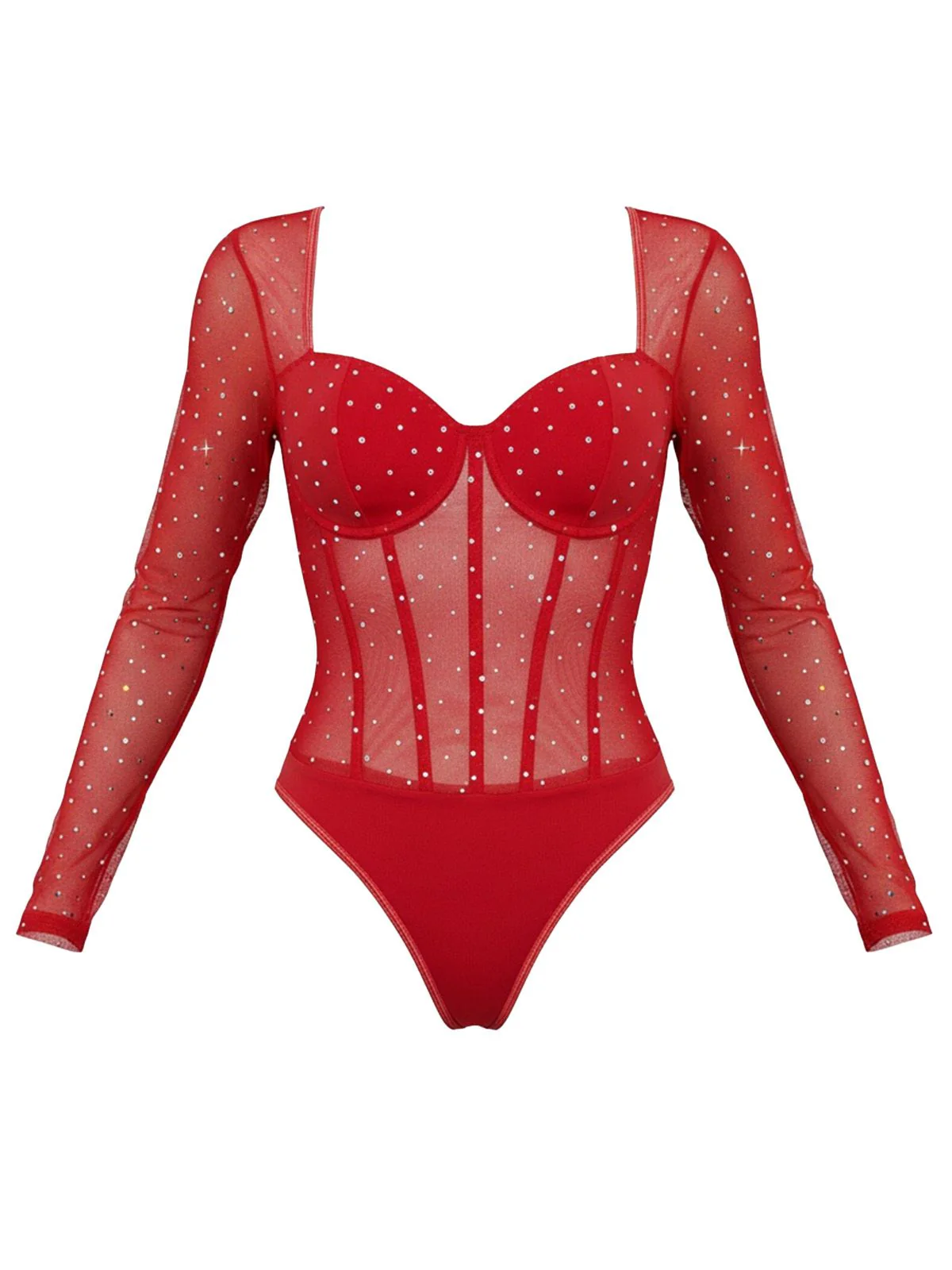 1980er Netz Transparent Glitzer Verstärkt Langarm Bodysuit - Image 3