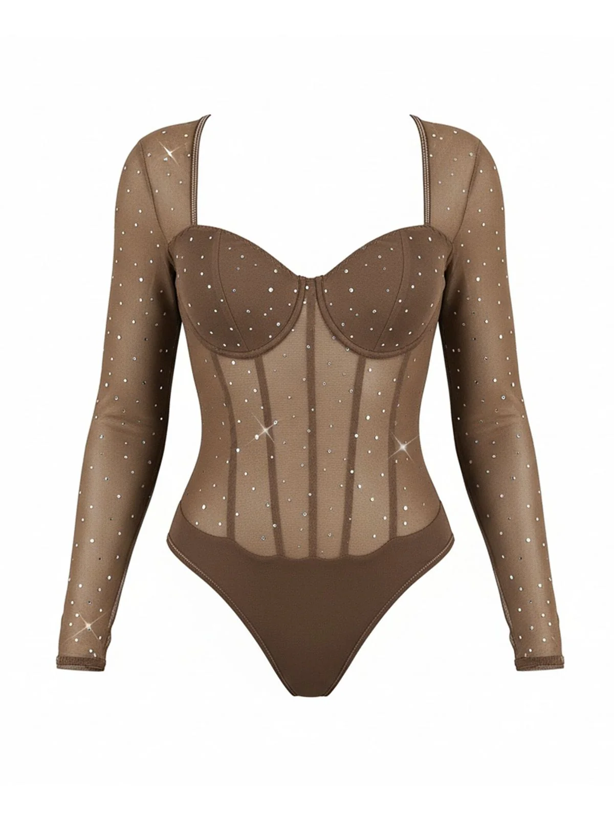 1980er Netz Transparent Glitzer Verstärkt Langarm Bodysuit - Image 6