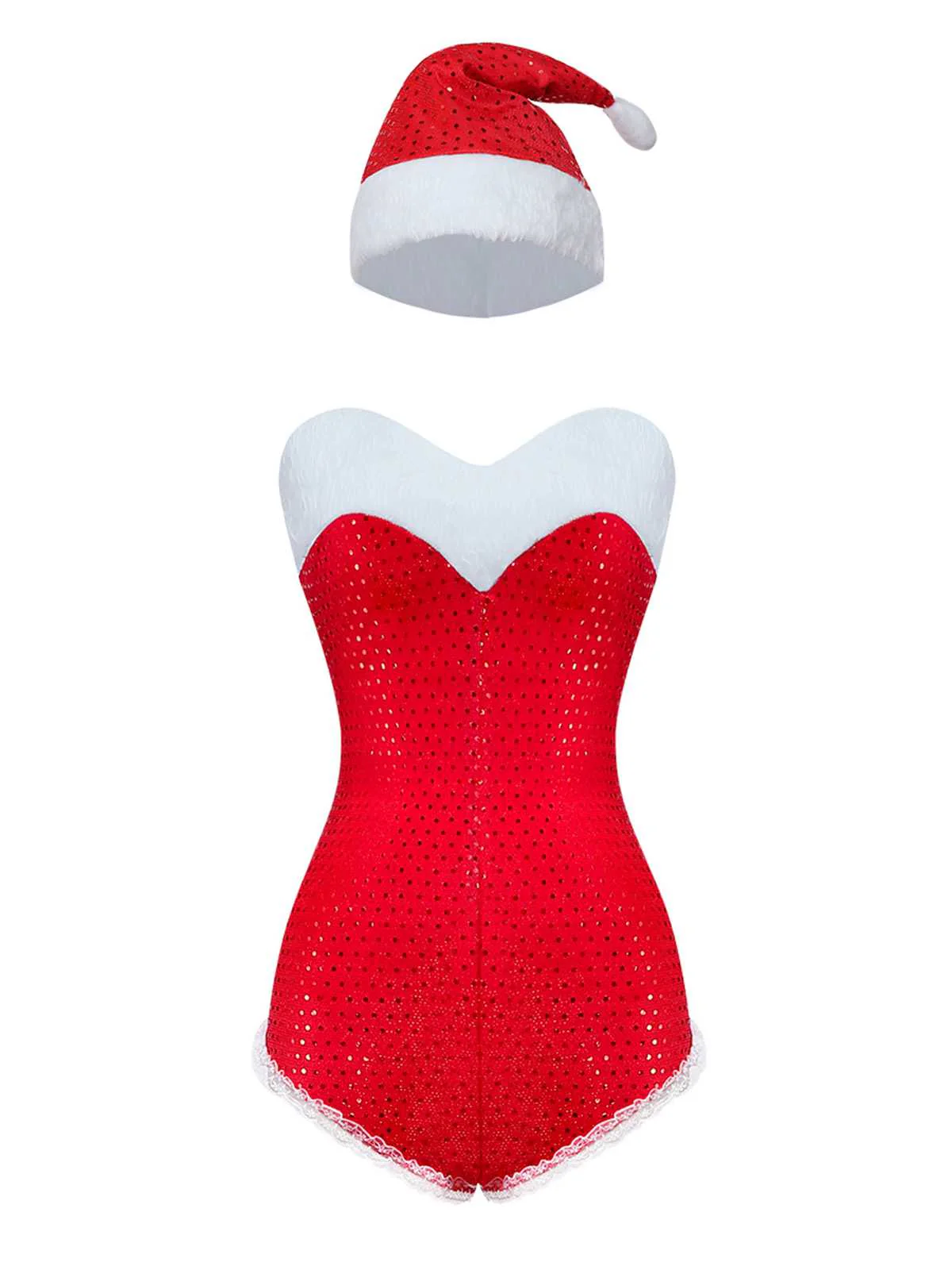 1980er Pailletten Weihnachten Trägerlos Romper Mit Hut & Stulpen - Image 4