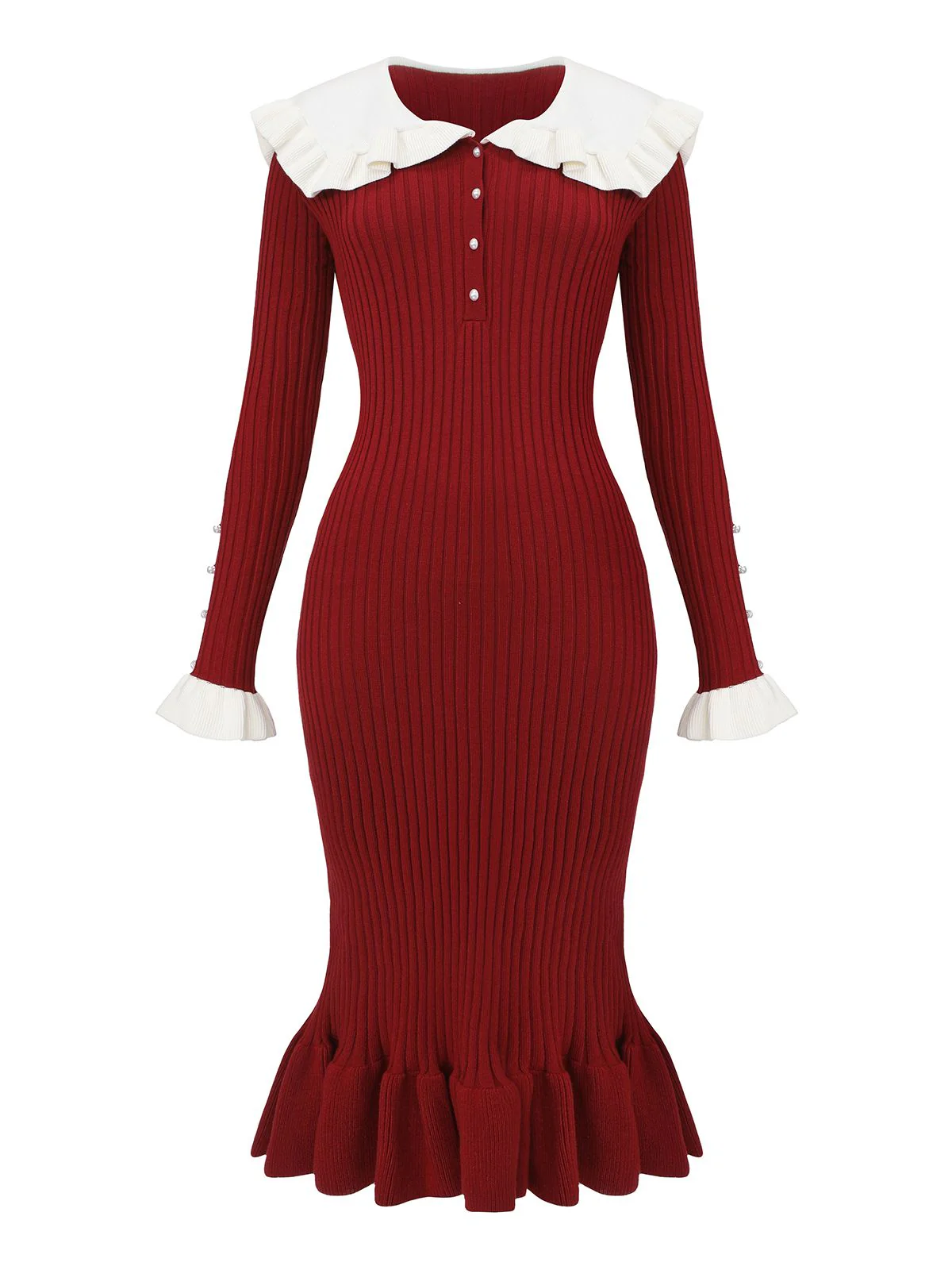 1980er Rippstrick Rüschen Kragen Midi Kleid - Image 2