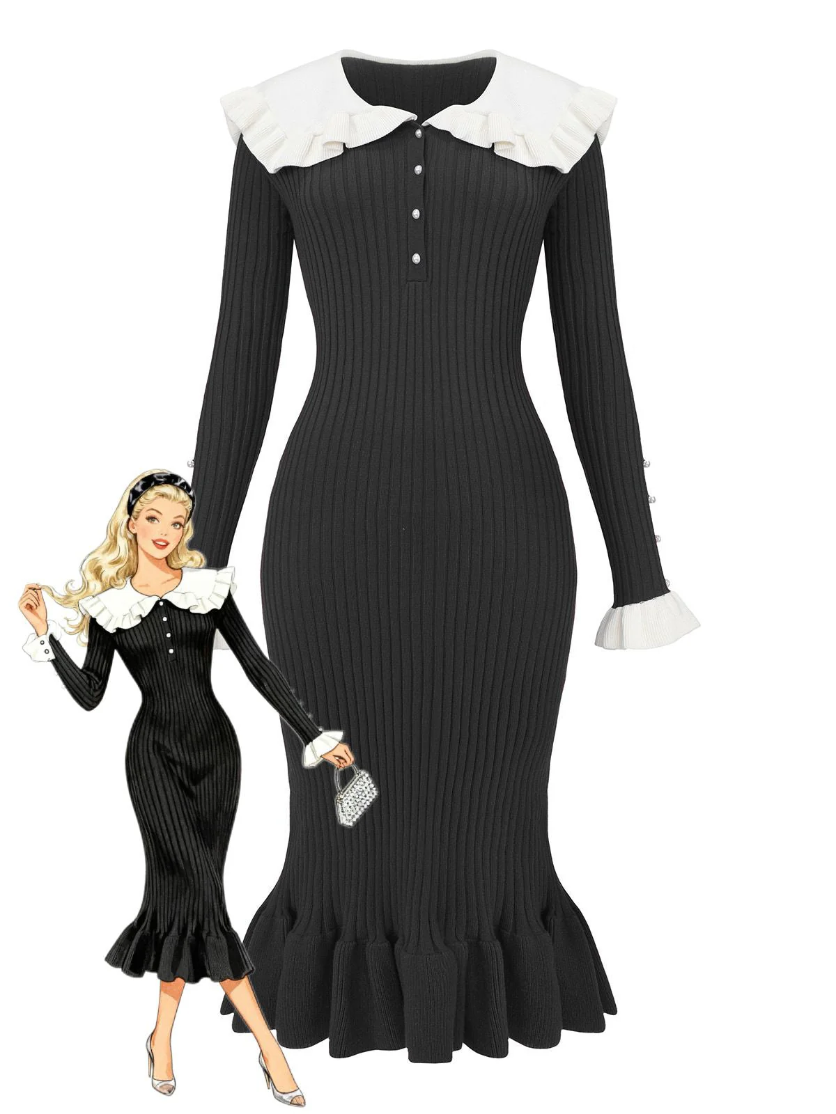 1980er Rippstrick Rüschen Kragen Midi Kleid - Image 7