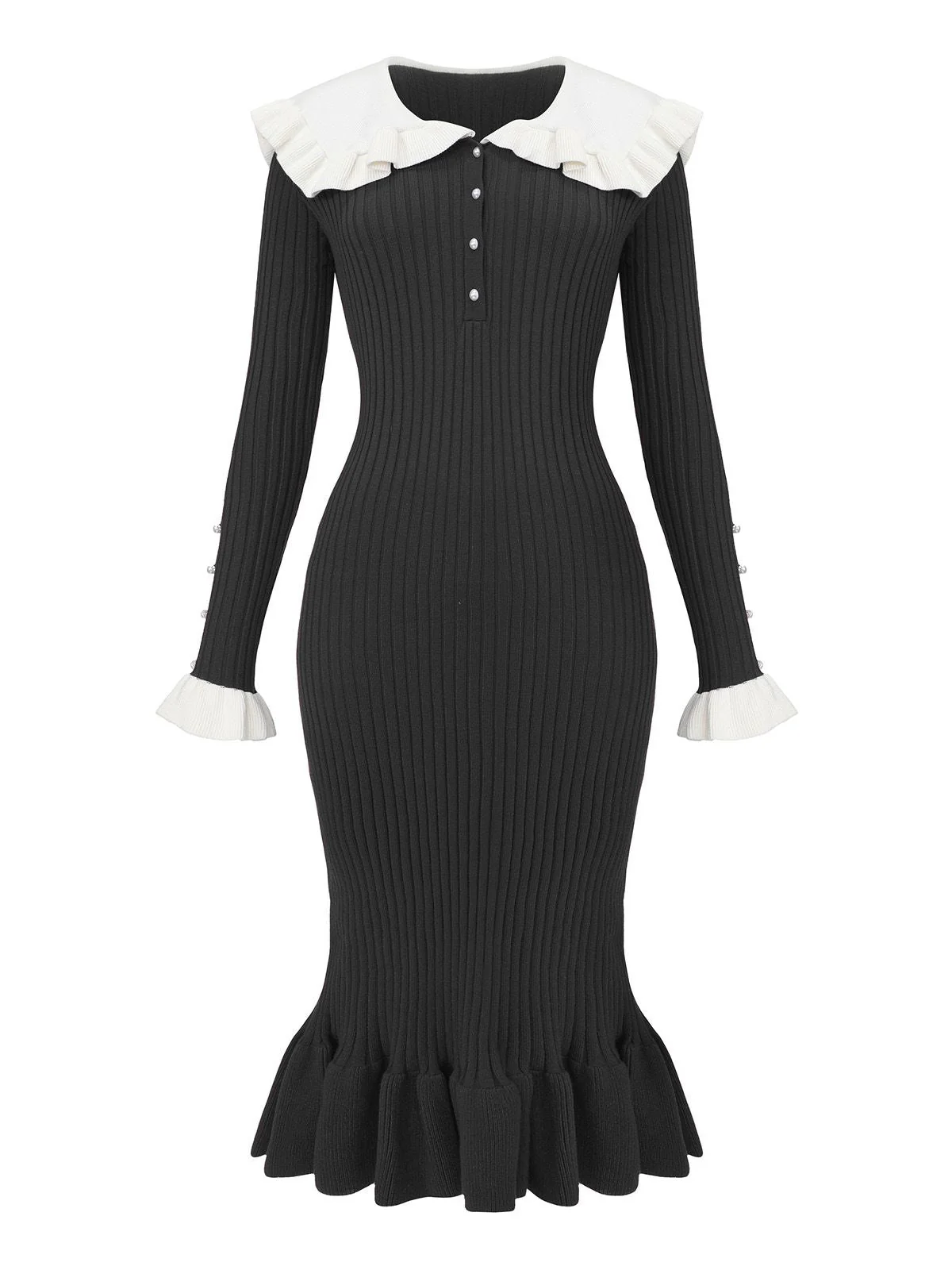 1980er Rippstrick Rüschen Kragen Midi Kleid - Image 8