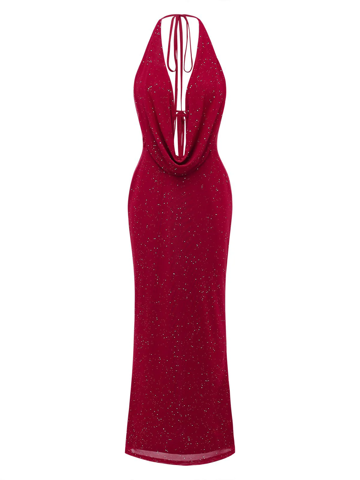 1980er Rückenfreies Glitzer Wasserfallkragen Halter Schlitz Maxi Kleid - Image 2