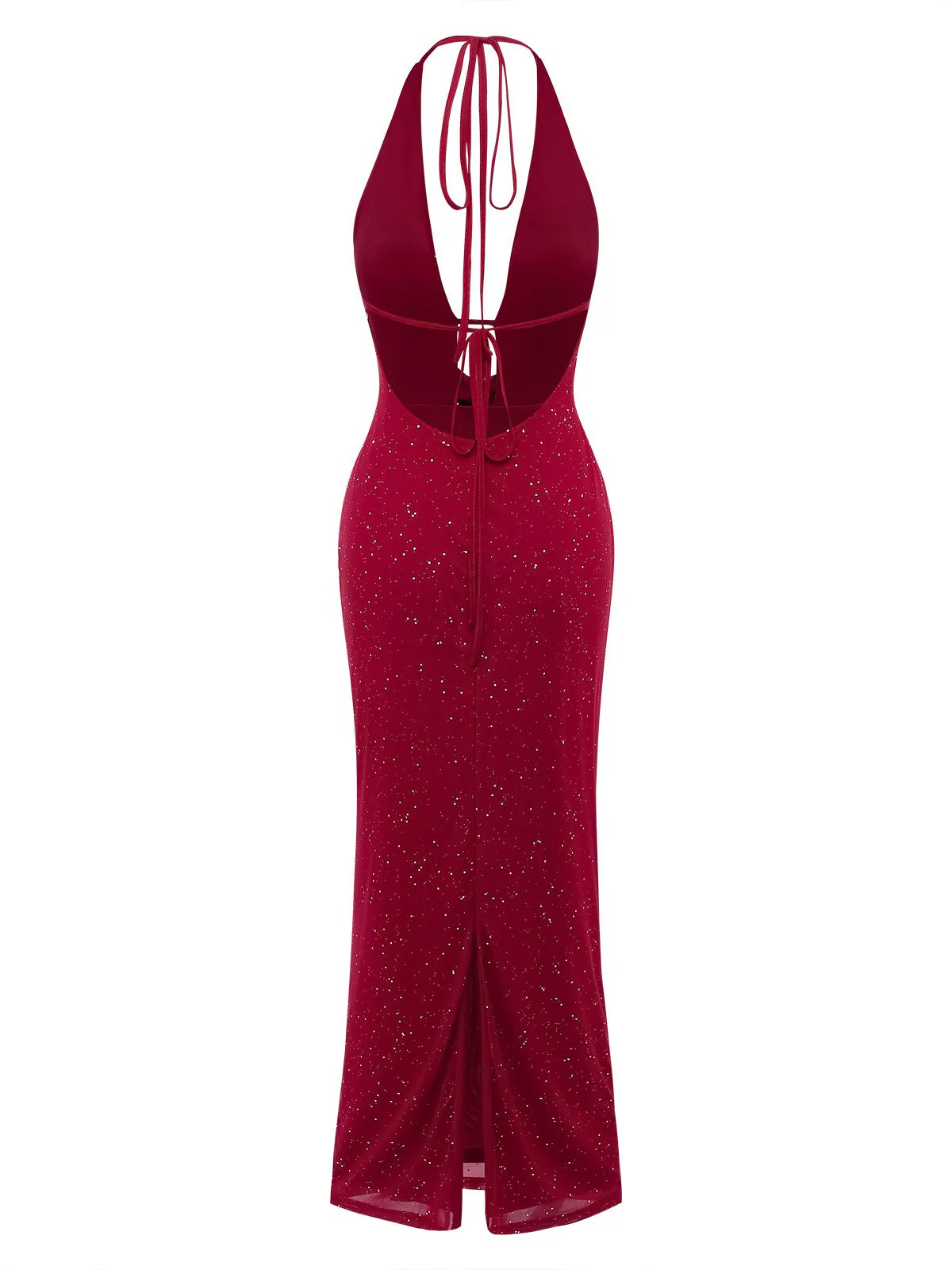 1980er Rückenfreies Glitzer Wasserfallkragen Halter Schlitz Maxi Kleid - Image 3
