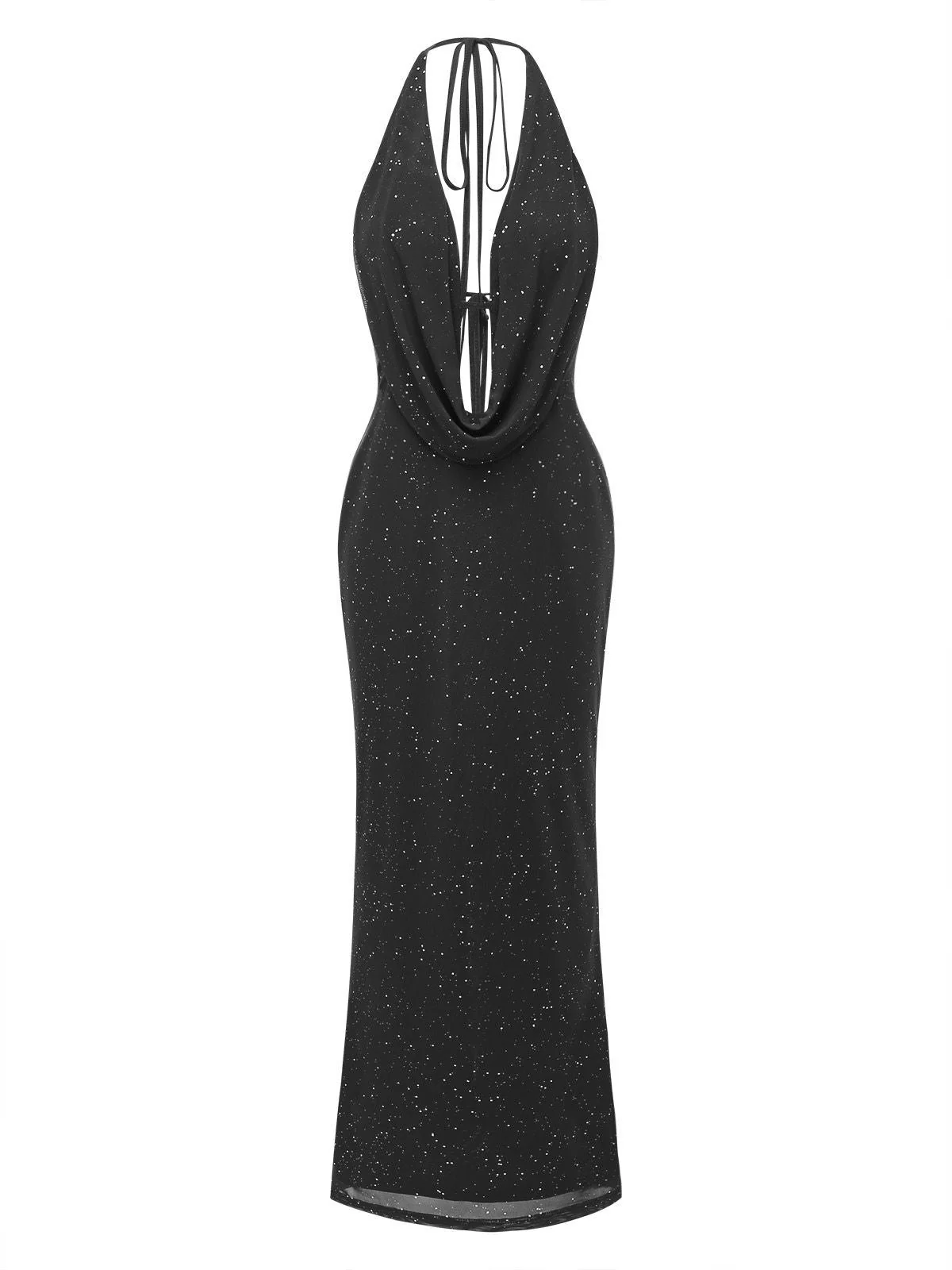1980er Rückenfreies Glitzer Wasserfallkragen Halter Schlitz Maxi Kleid - Image 7