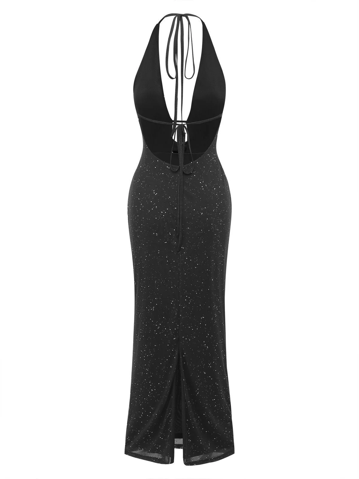 1980er Rückenfreies Glitzer Wasserfallkragen Halter Schlitz Maxi Kleid - Image 8
