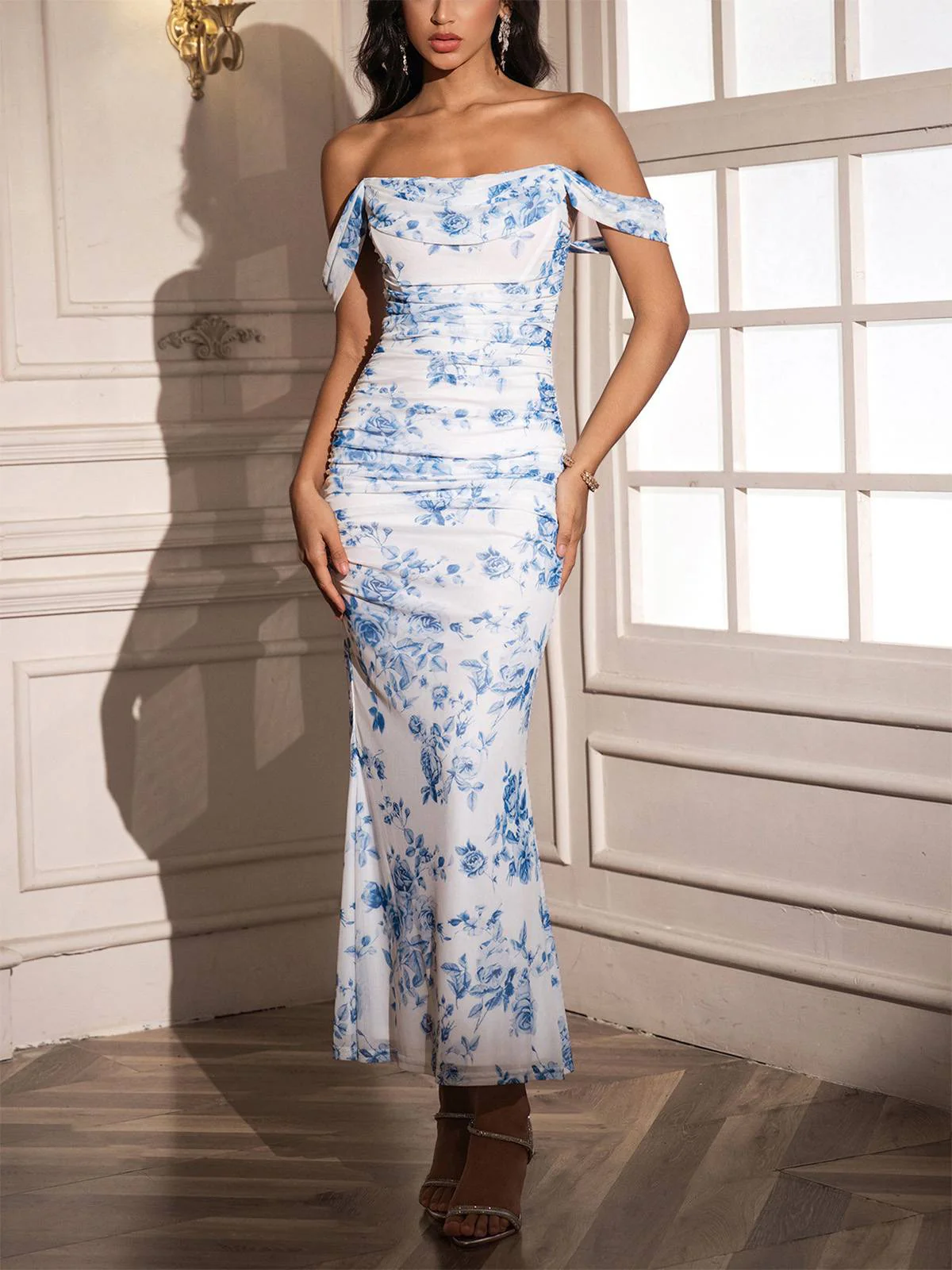 1980er Schulterfrei Blumen Netz Figurbetont Gerafft Kleid - Image 3