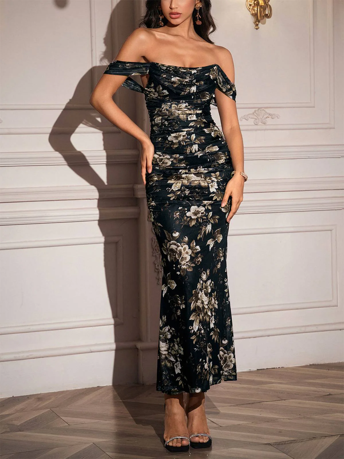 1980er Schulterfrei Blumen Netz Figurbetont Gerafft Kleid - Image 8