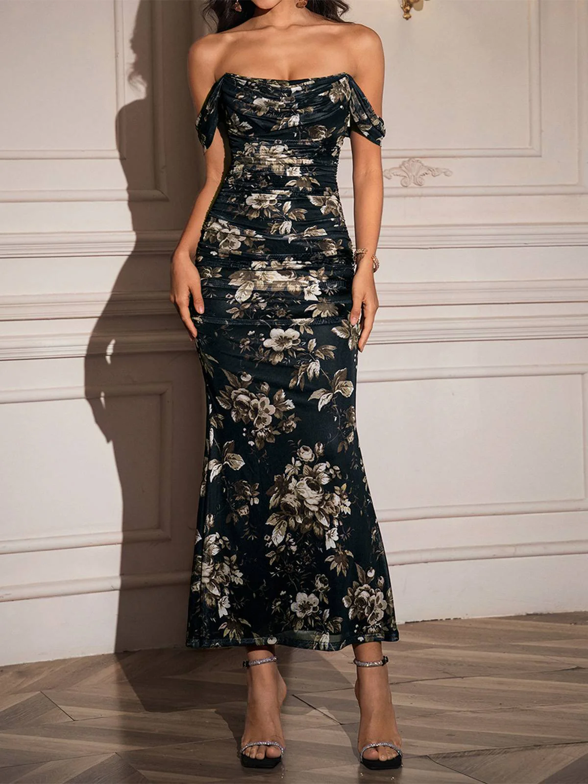 1980er Schulterfrei Blumen Netz Figurbetont Gerafft Kleid - Image 9