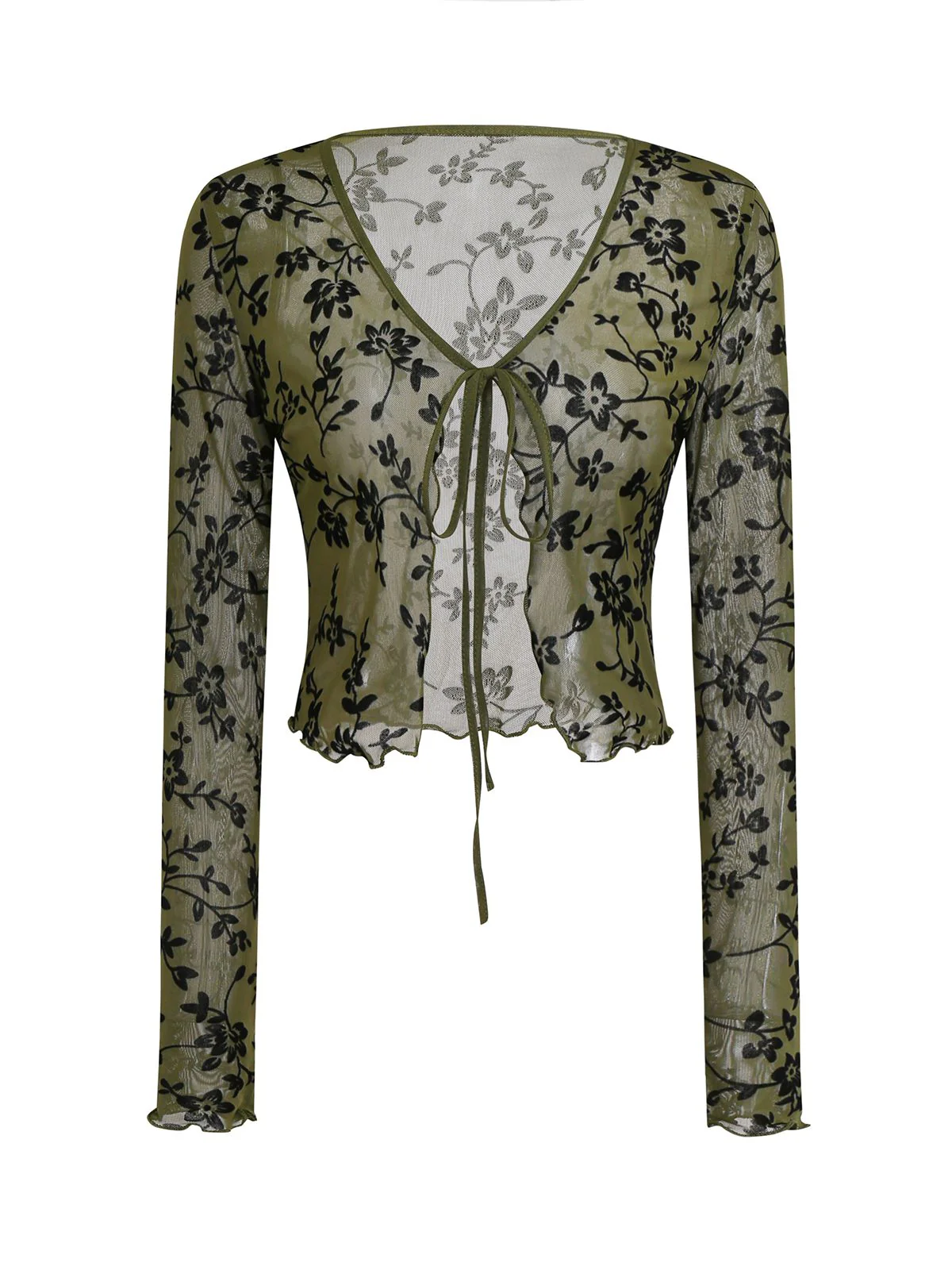 1980er Sheer Botanischer Druck Schnürung Cardigan - Image 3
